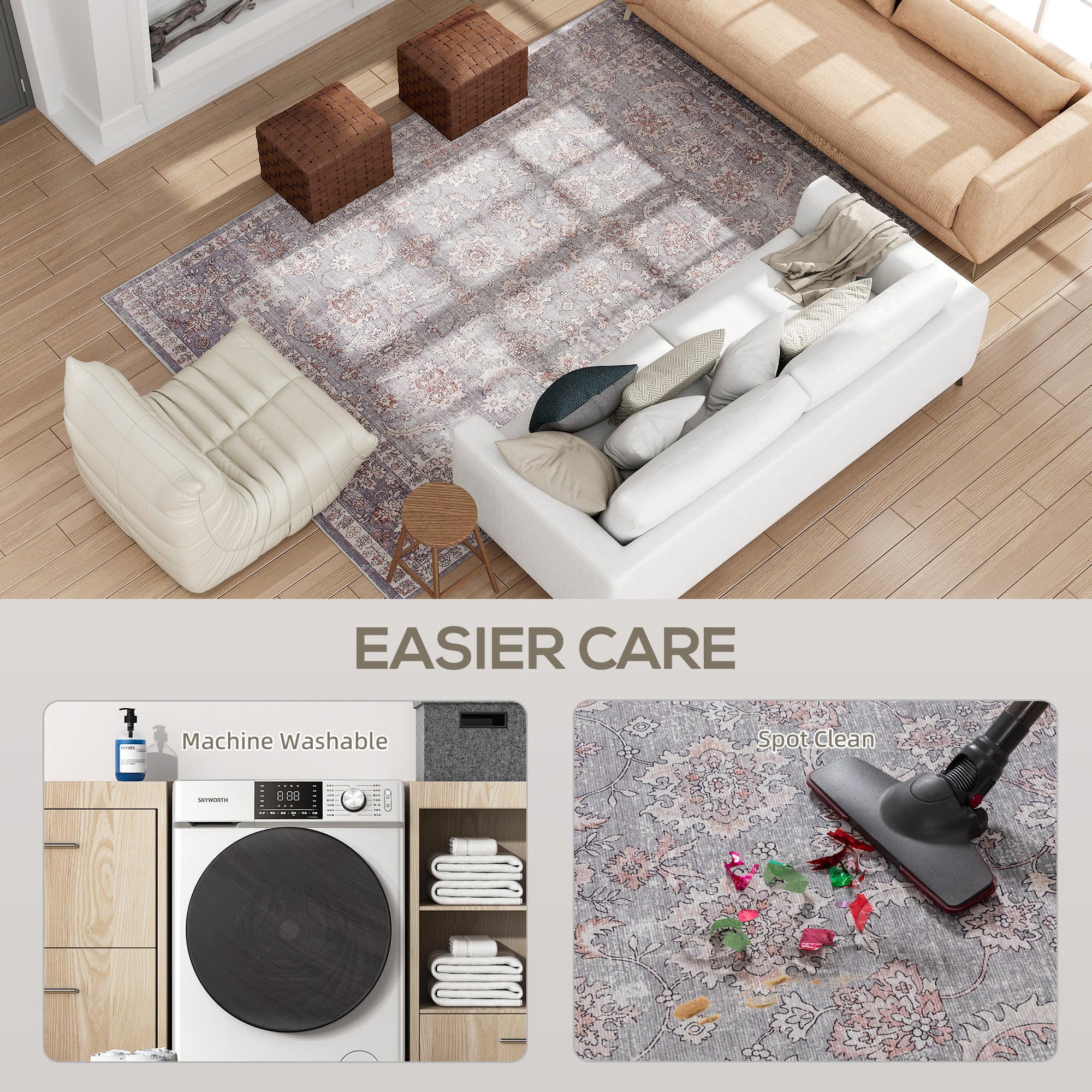 Machine Washable Area Rug 8x10, Non-Slip Traditional Flower Print Floor Carpet for Living Room, Bedroom, Grey and Brown