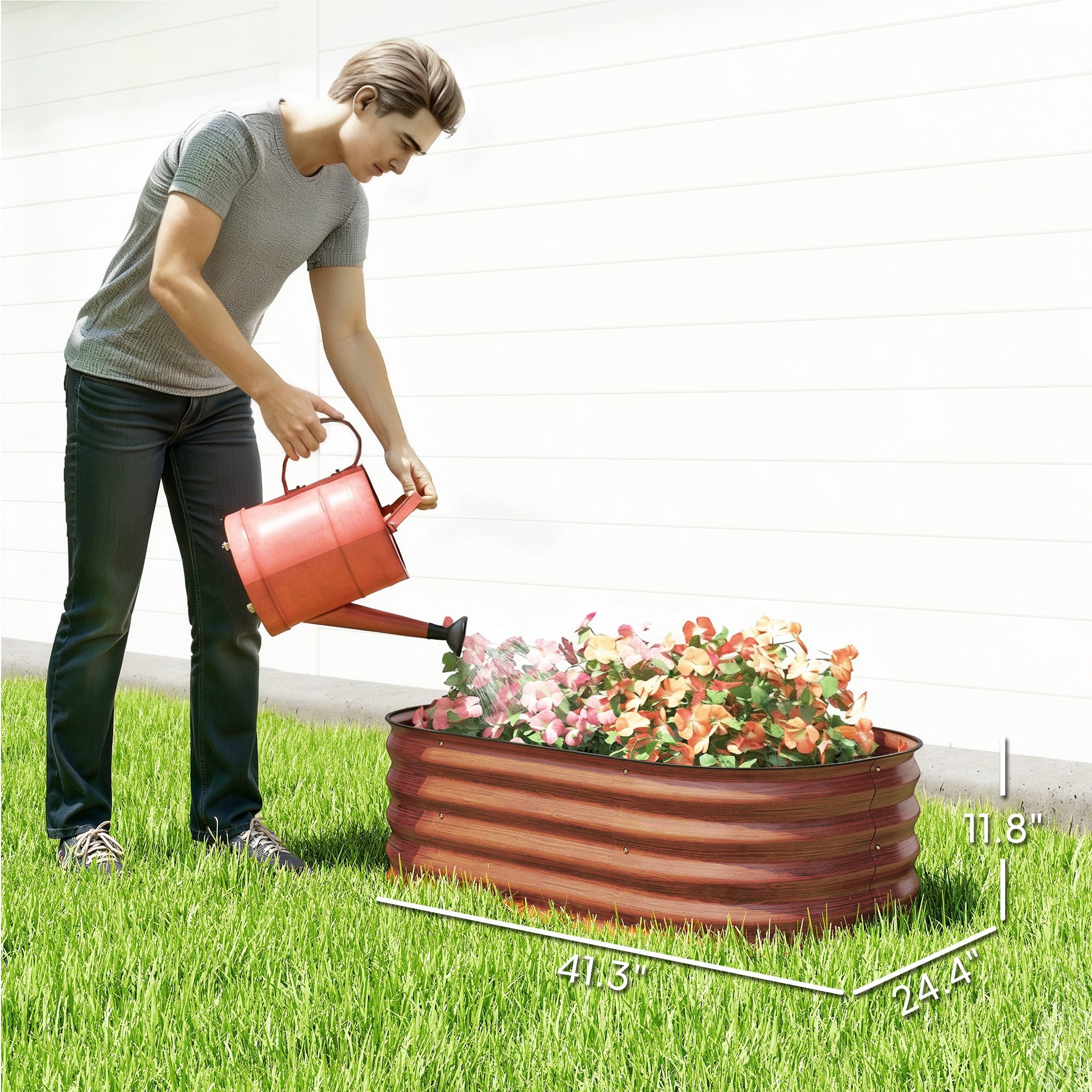 3.4' x 2' x 1' Galvanized Raised Garden Bed Kit, Metal Planter Box with Safety Edging, Brown - Brown - Image 3