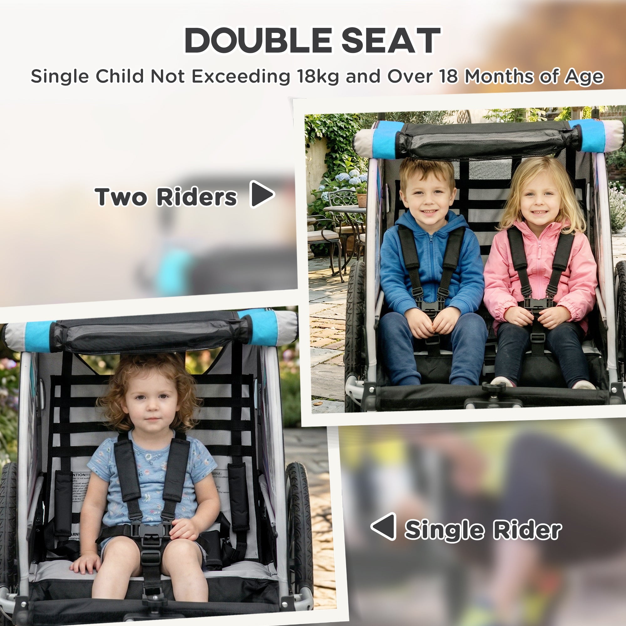 3-in-1 Bike Trailer for Kids, Running Stroller with 2 Seats, Jogging Cart with 5-Point Harness, Storage Units, Blue
