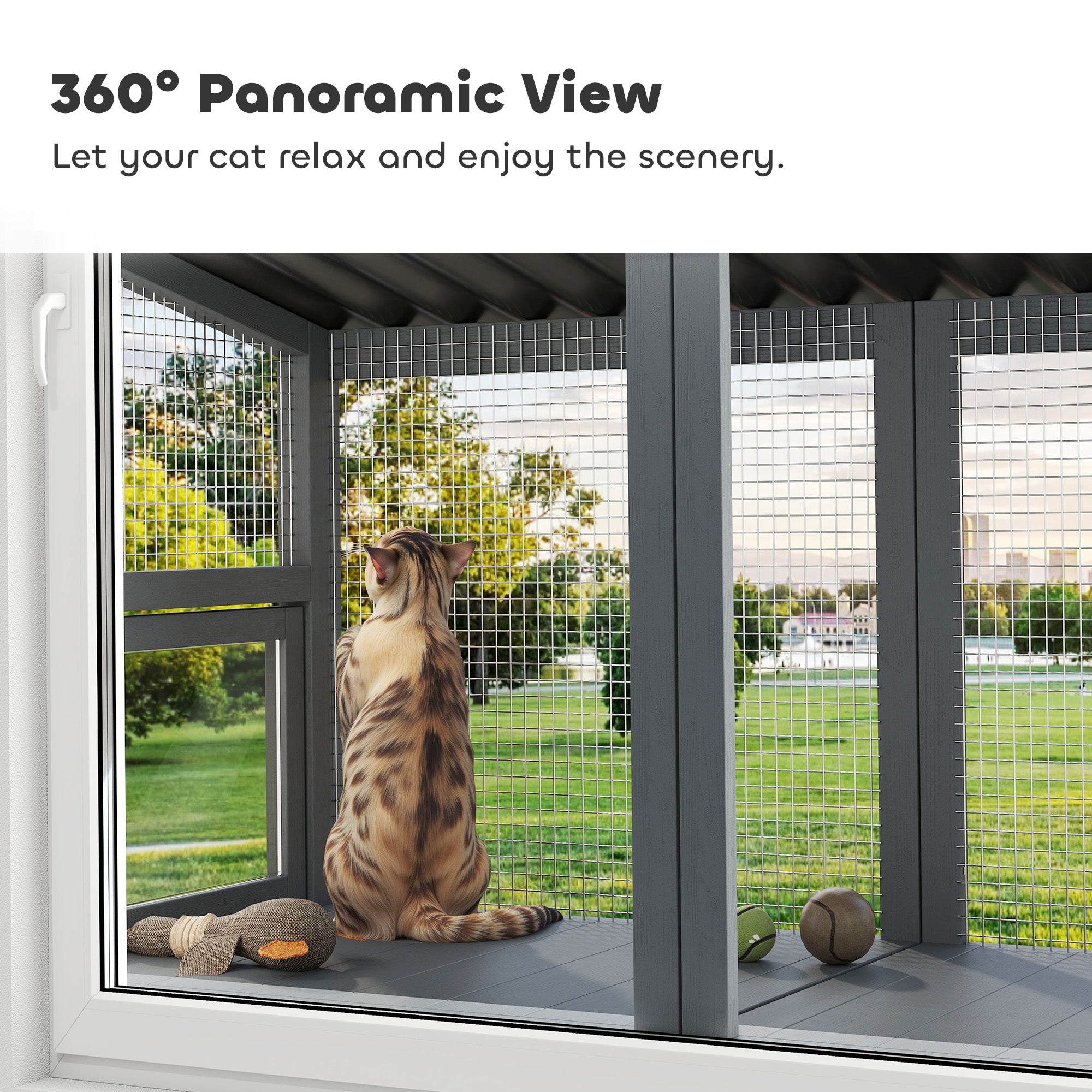 Wooden Cat Catio, Outdoor Cat Enclosure Window Perch with Jumping Platform, for Safely Enjoying Outdoor Sights, Gray - Gray - Image 5