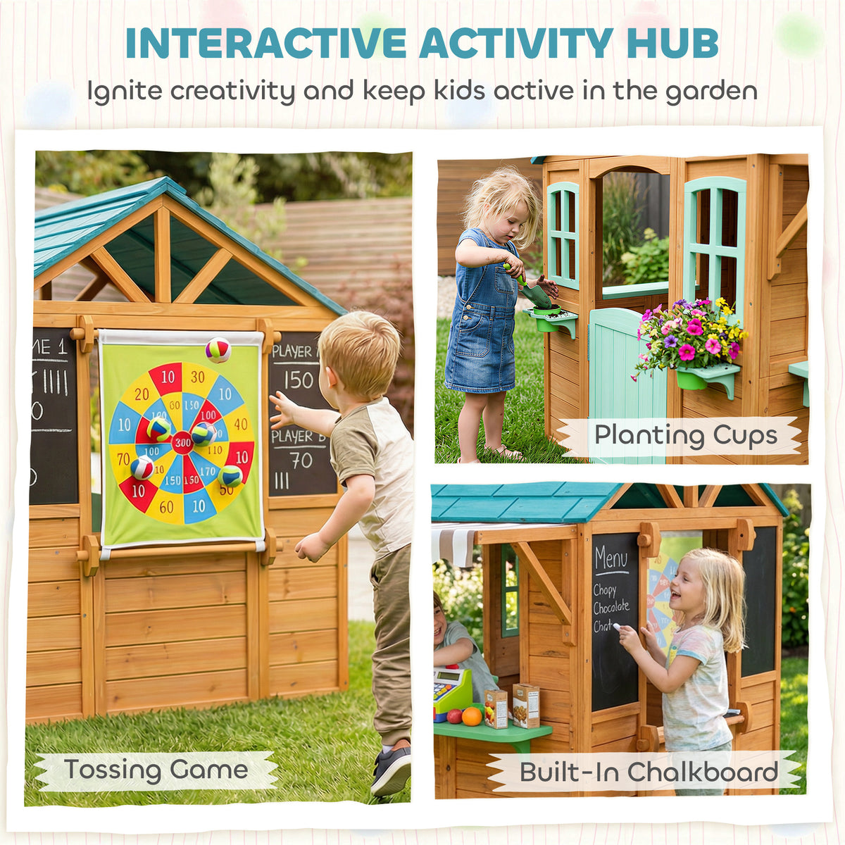 Outdoor Playhouse with Snack Bar, Half Door, Windows, Flowerpot Holders, Chalkboard, Tossing Game