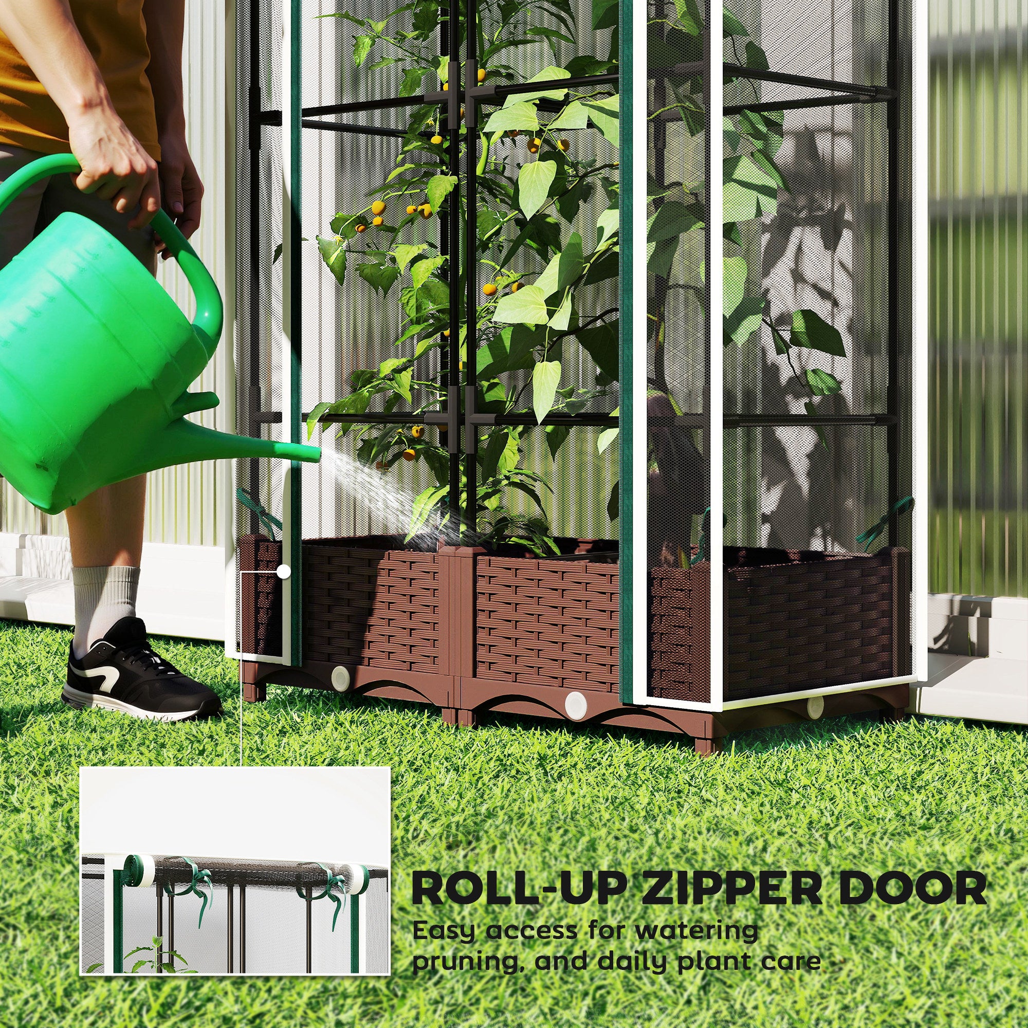 Raised Garden Bed with Trellis, 46.5" Tomato Cage with Crop Cage, Self Watering Planter Box with Drainage Holes, White - White - Image 7