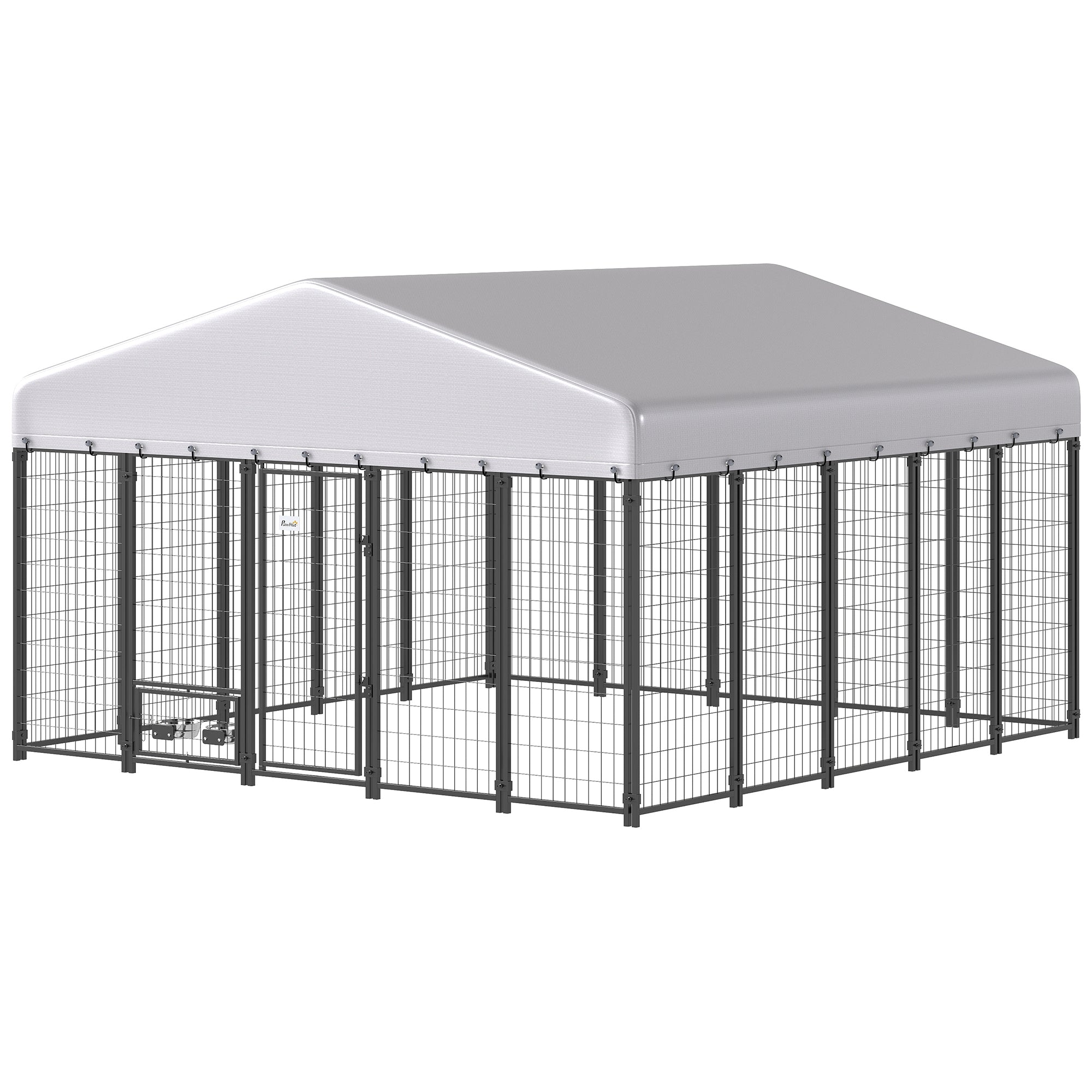 9.8' x 9.8' x 6' Outdoor Dog Kennel, Dog Kennel Outside Run with 360° Rotating Bowls, Waterproof & UV Resistant Cover - Silver