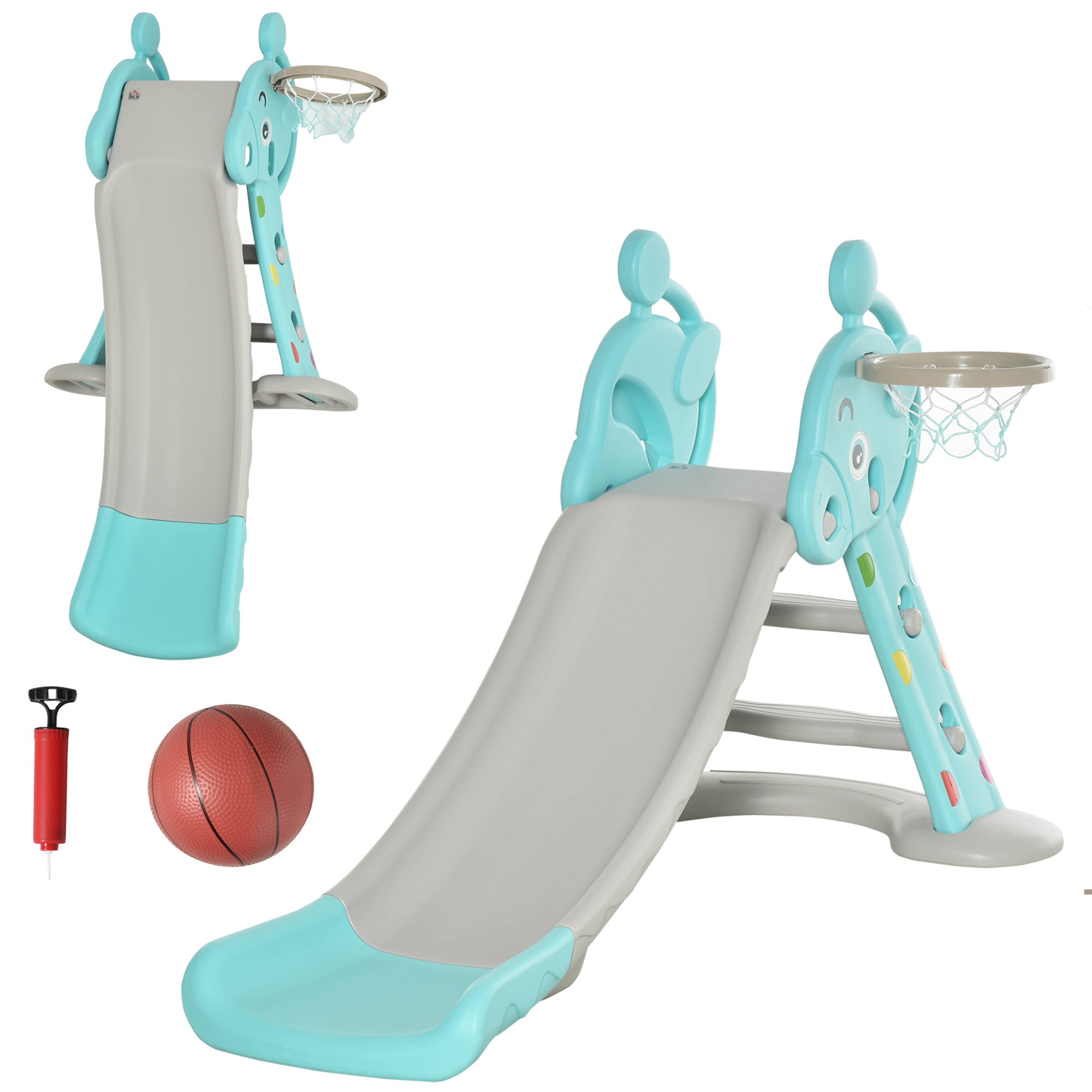 2 in 1 Kids Slide with Basketball Hoop, Foldable Toddler Freestanding Slider Playset, for 18 months -4 Years Deer Shaped, Includes Basketball, Pump - Blue