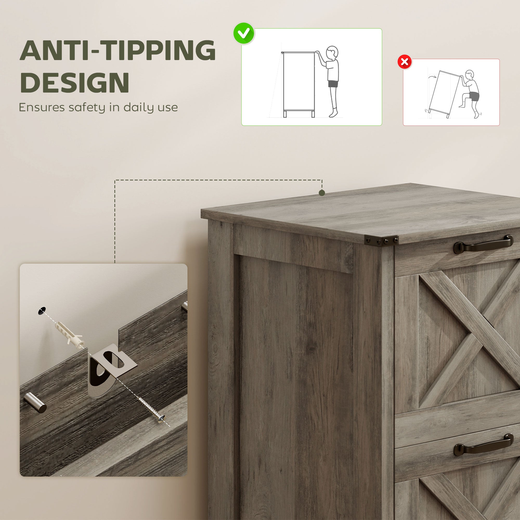Vertical File Cabinet with 2 Drawers, Rustic Farmhouse Office Storage Cabinet for A4, Letter Size, Distressed Gray