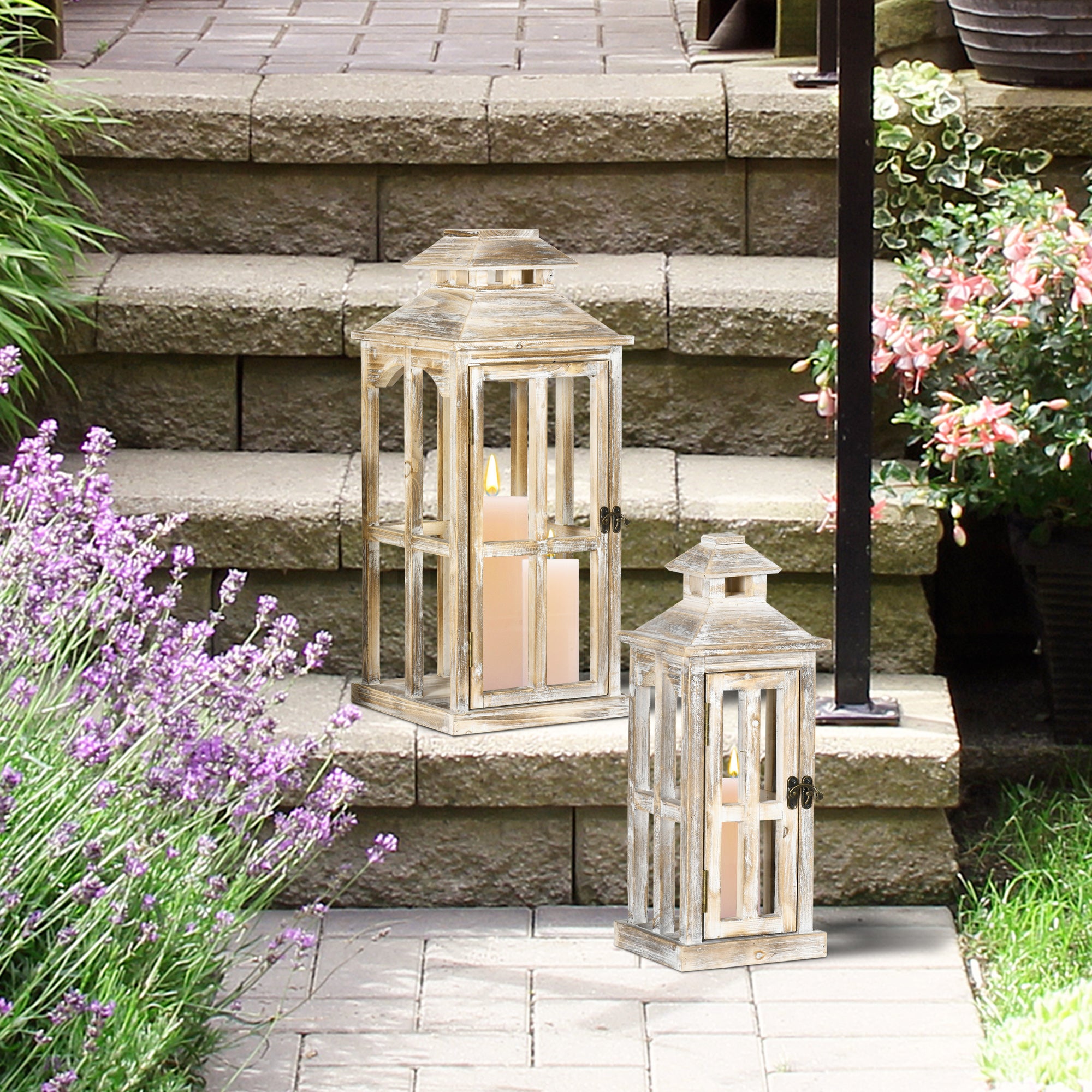 2 Pack 28"/20" Large Rustic Wooden Lantern Decorative, Indoor/Outdoor Lantern for Home Décor (No Glass), Natural