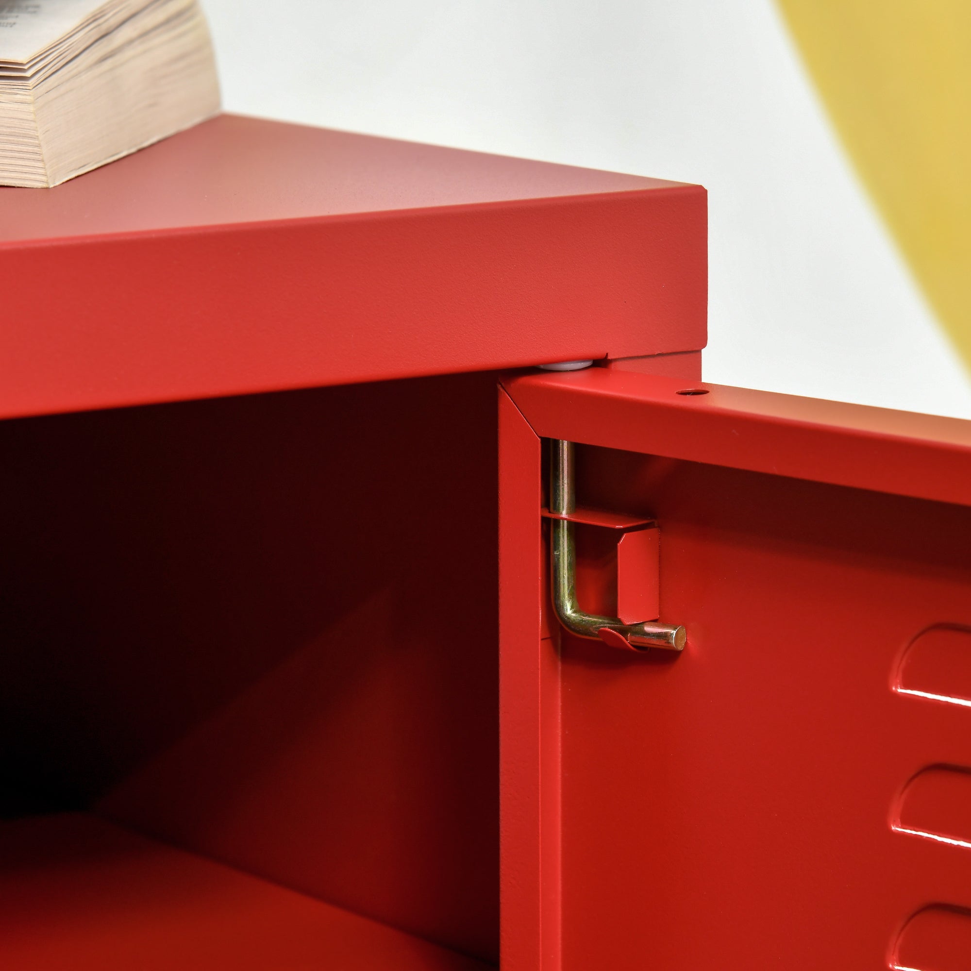 Industrial End Table, Living Room Side Table with Locker-Style Door and Adjustable Shelf, Red