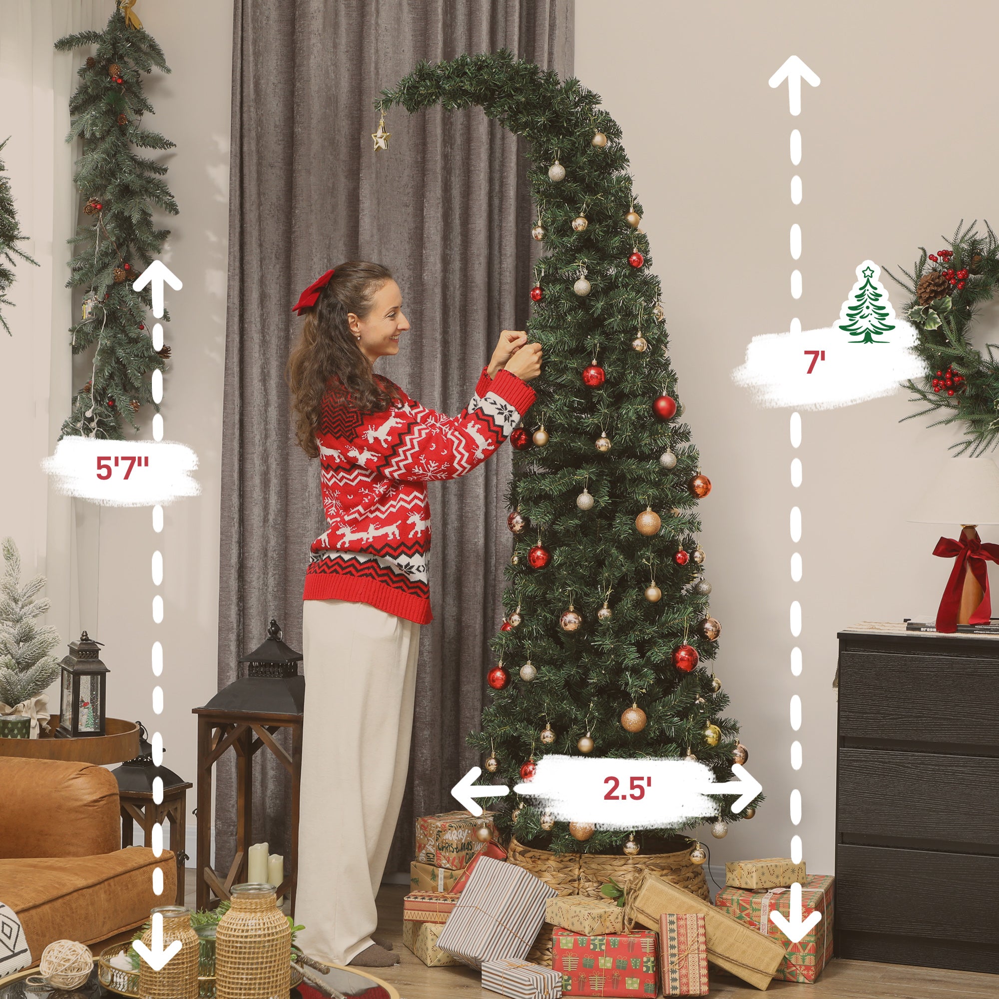 7 ft Prelit Christmas Tree, Whimsical Xmas Tree Slim High Mountain Fir with 300 LEDs and Metal Stand, Green