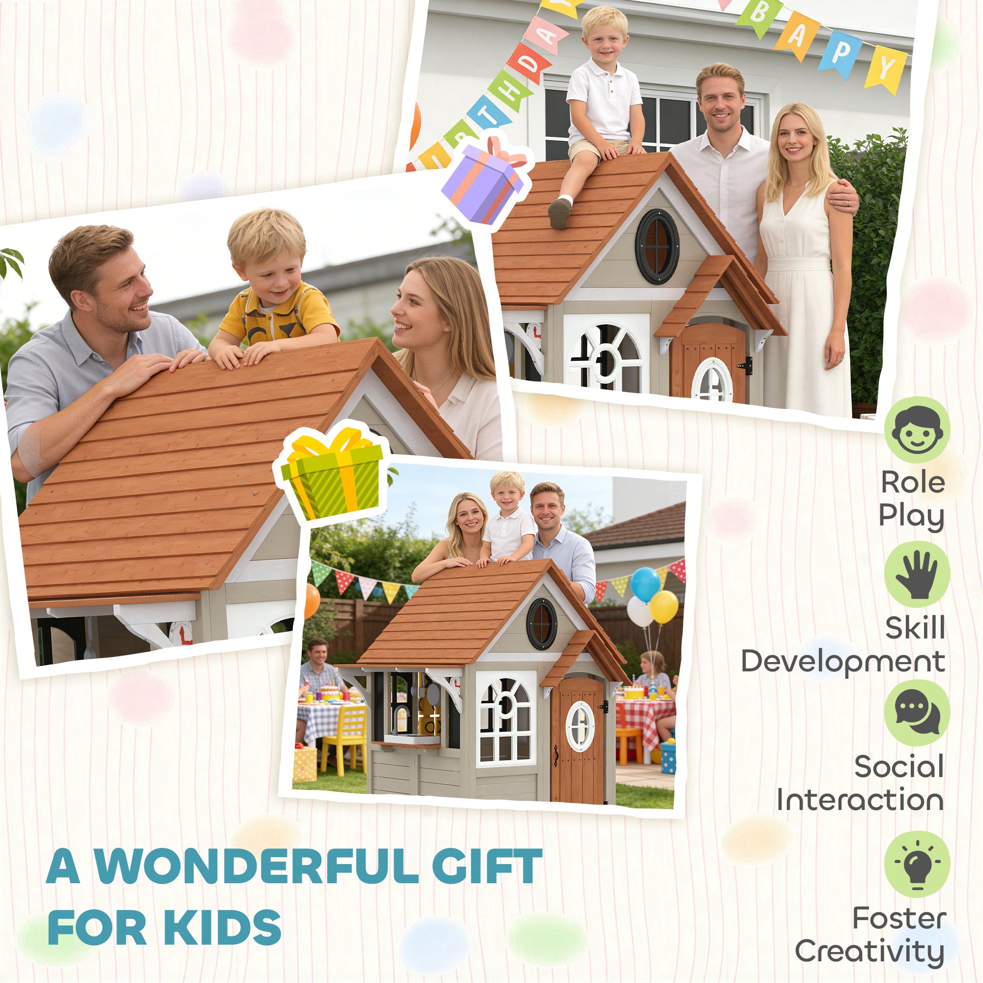 Outdoor Playhouse, Wooden Kids Playhouse with Dog Door, Cookware, Blackboard, Clock, Tic-Tac-Toe Roller for Backyard
