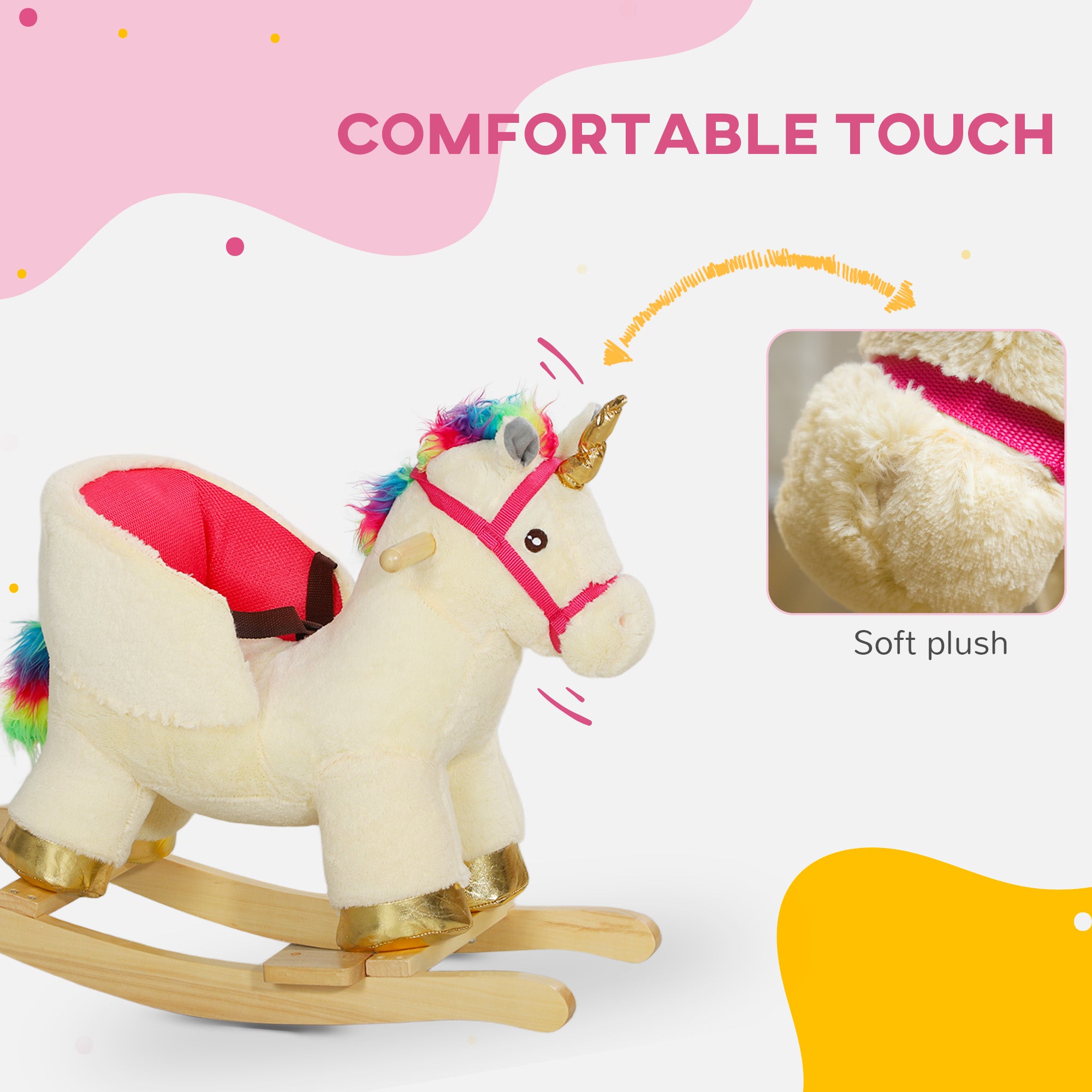 Kids Rocking Horse, Unicorn with Realistic Sound, Safety Belt & Wooden Base for 18-36 Months