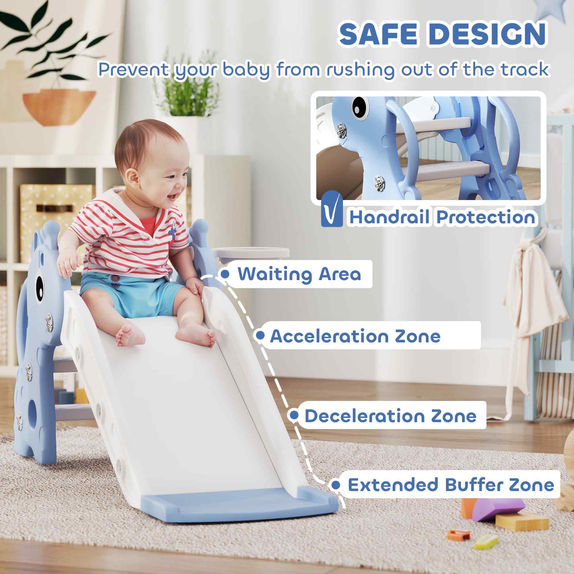3-in-1 Toddler Slide for Age 1-3, Freestanding Kids Slide with Climber, Basketball Hoop and Ball, Giraffe Design, Blue