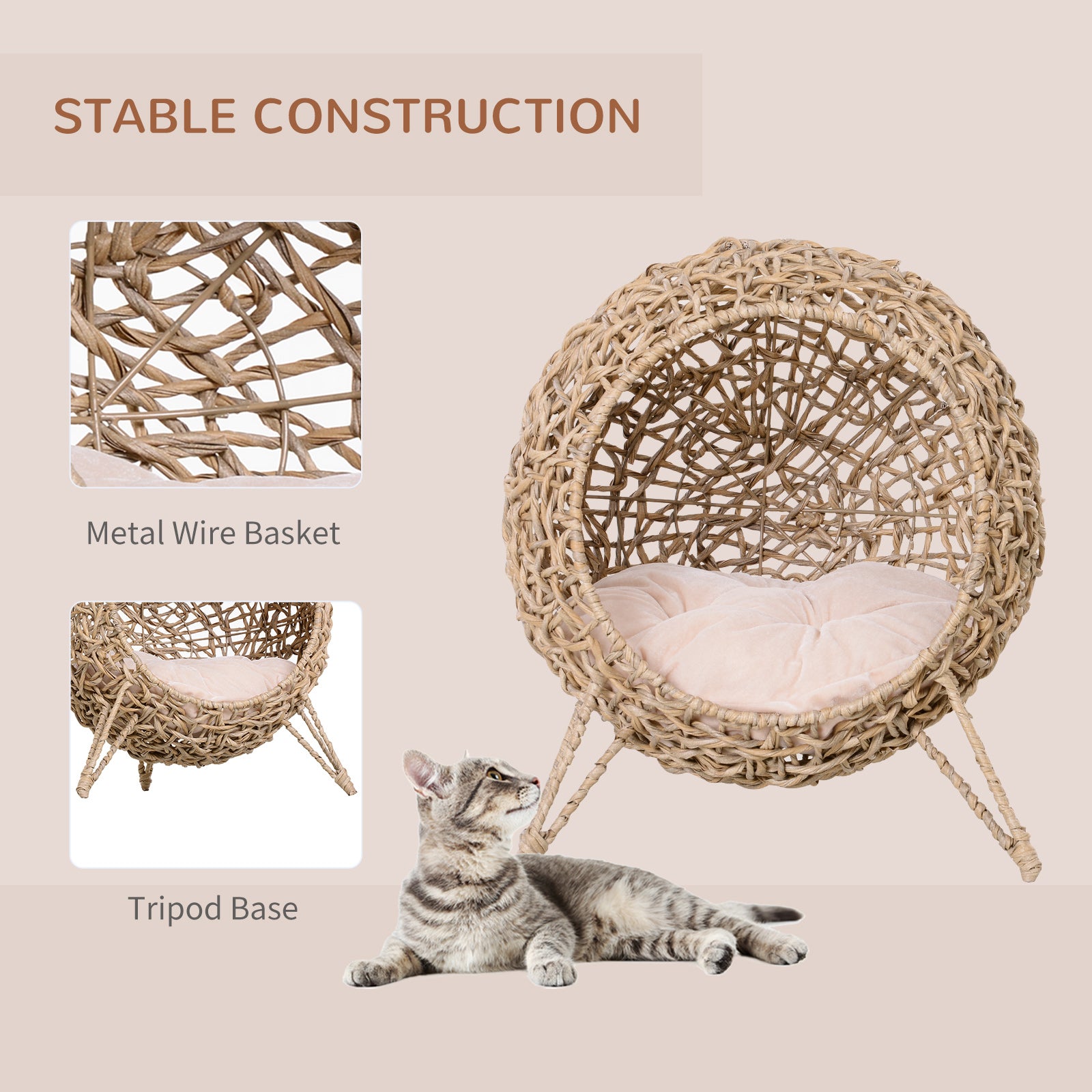 20.5" Weaved Cat Bed, Elevated Hand-woven Braided Banana Leaf Kitten House Condo with Cushion, Beige - Beige - Image 5