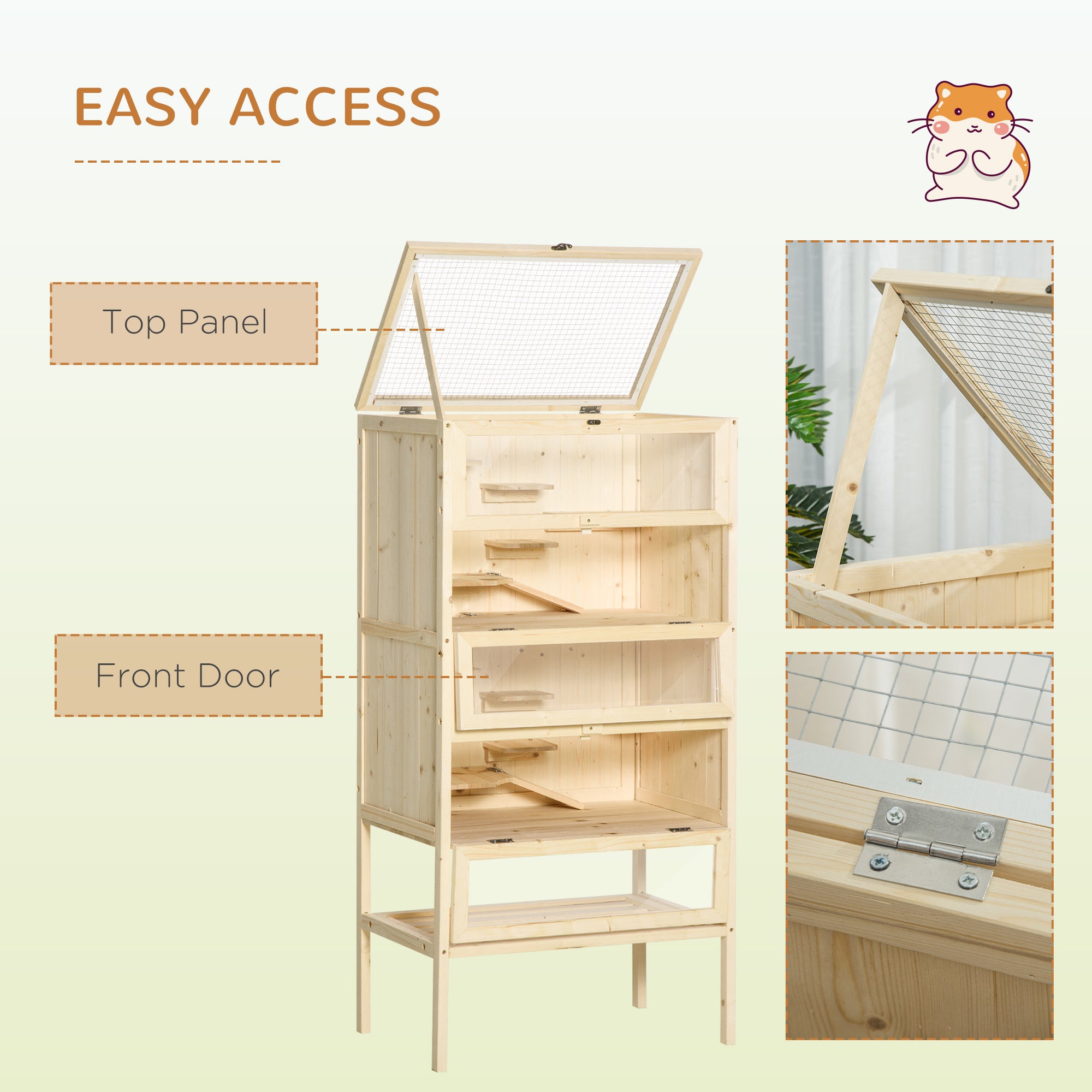 5-Tier Wooden Hamster Cage Mice Habitat Rat Habitat with Openable Top, Front Door and Storage Shelf - Natural Wood - Image 5