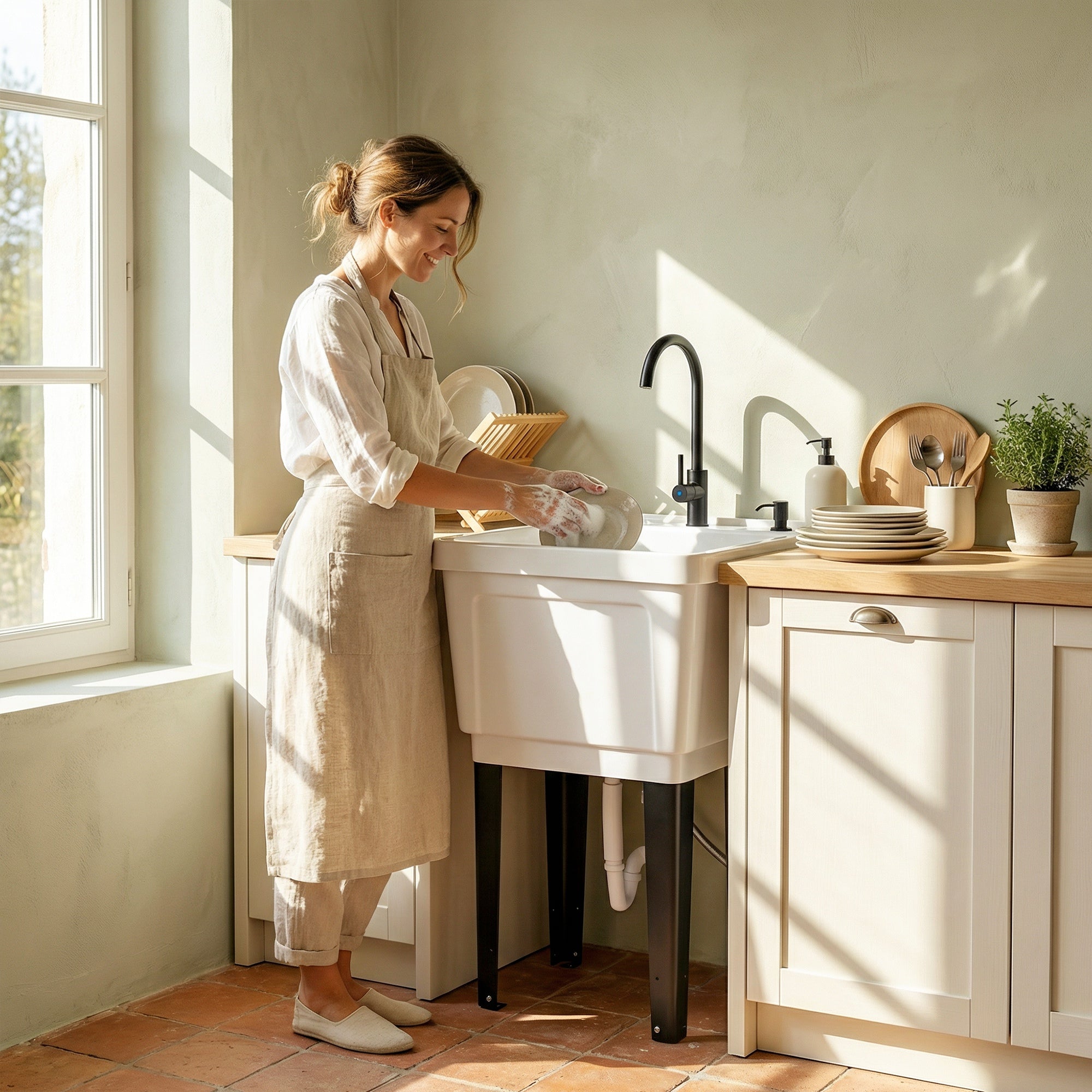 Portable 23-Gallon Utility Sink Laundry Tub for Washing Room, Freestanding Laundry Sink with Soap Dispenser, White