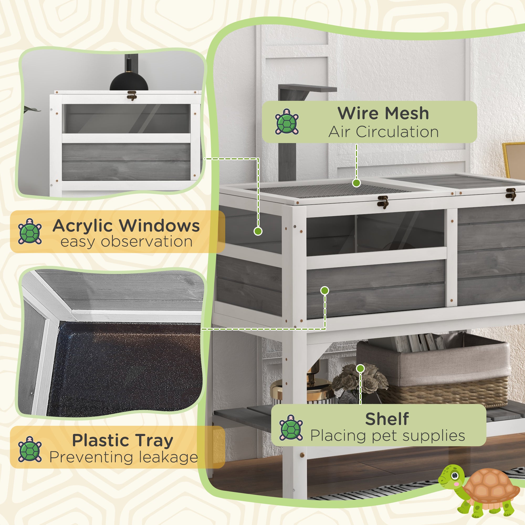 Tortoise Habitat with Shelf Storage Tortoise Gift Accessory with Weather Protection for Indoor, Light Gray - Light Gray - Image 7