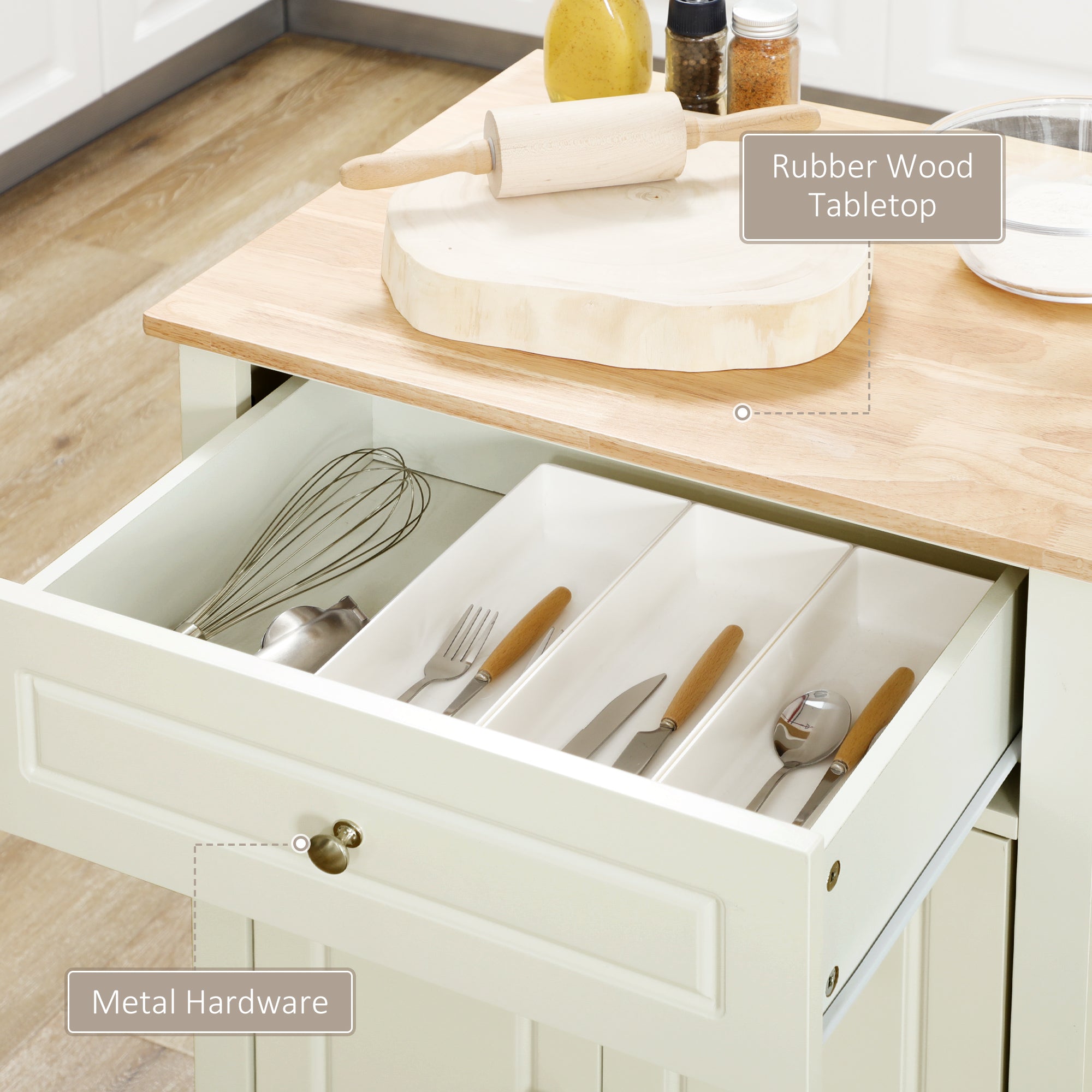 Rolling Kitchen Island Cart, Portable Serving Trolley Table with Drawer, Adjustable Shelf and 2 Towel Racks, Cream White