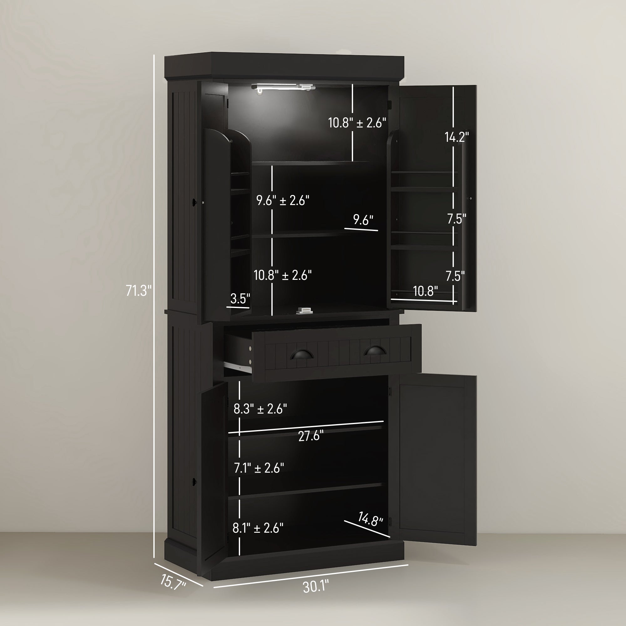 71" Kitchen Pantry Cabinet with LED Lights, 6 Door Shelves, a Drawer and 4 Adjustable Shelves, Black