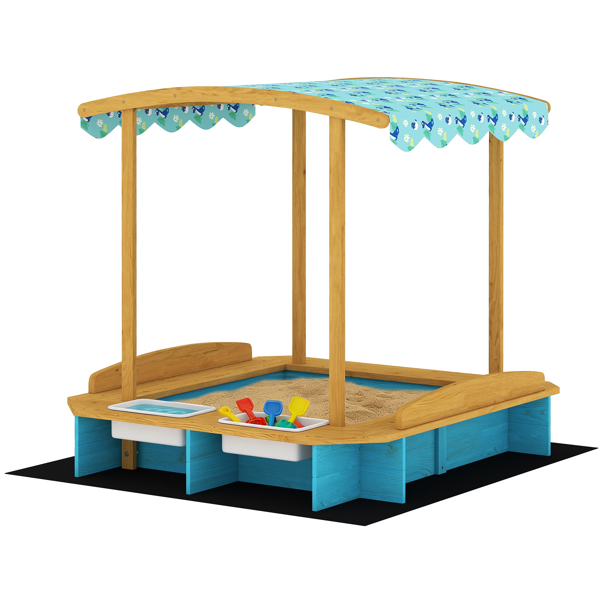 Qaba Wooden Sandbox with Dinosaur Print Canopy Kids Sandbox Outdoor with Bench Seats & 2 Storage Bins