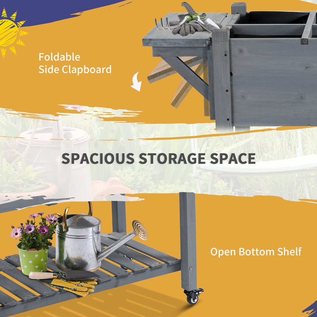 Raised Garden Bed Planter Box w/ 8 Grow Grids, Storage Shelf & Lockable Wheels