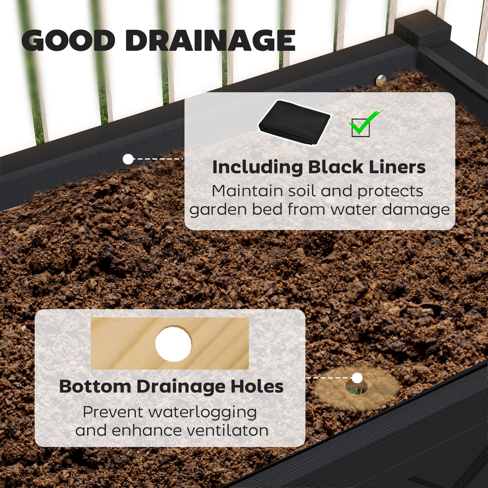 Raised Garden Bed, 47 x 22 x 31.5 in. Elevated Wood Planter Box with Storage Shelf, Drainage Holes, and Liner, Black - Black - Image 5