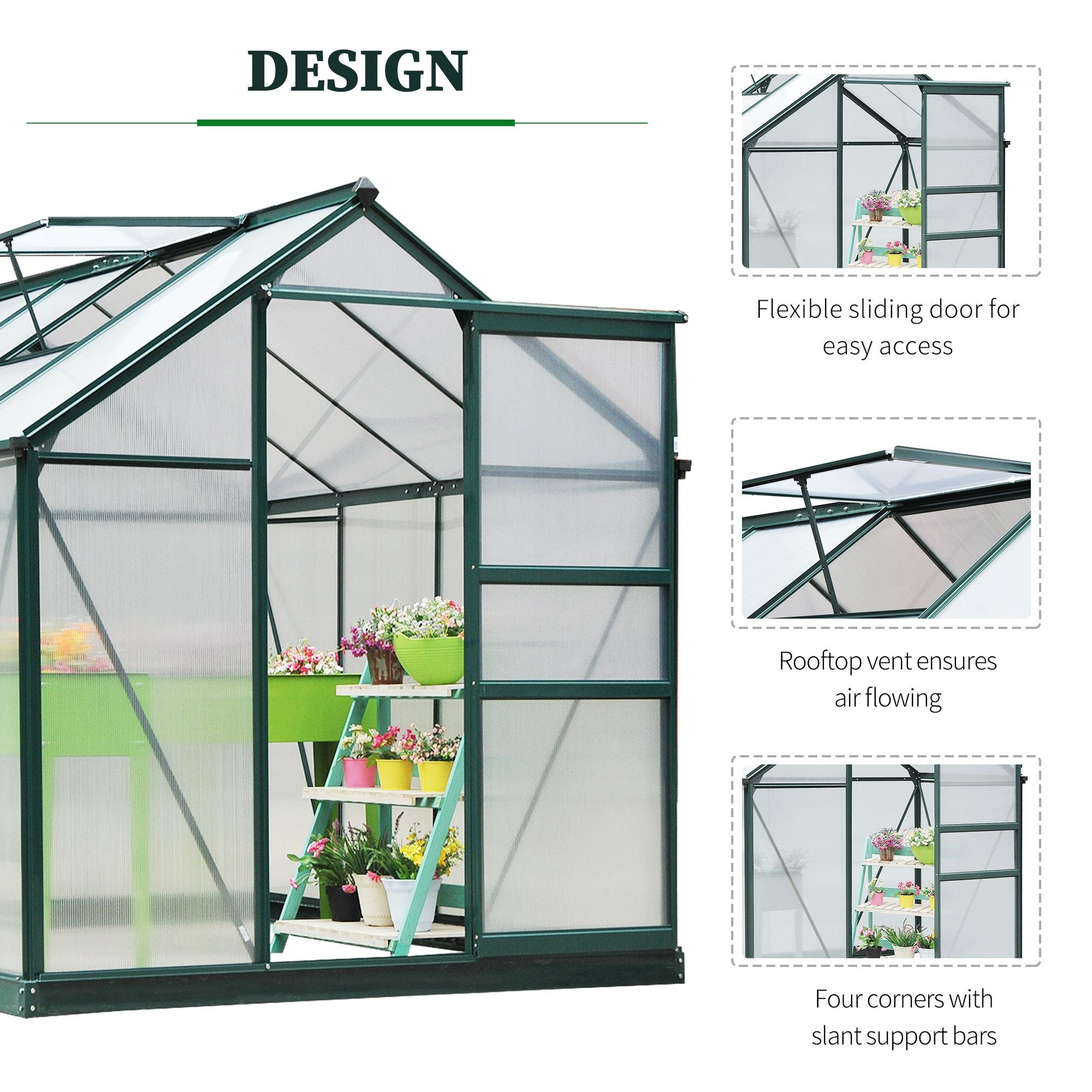 6x8 Greenhouse Polycarbonate Heavy Duty Patio Backyard, Dark Green - Dark Green - Image 5