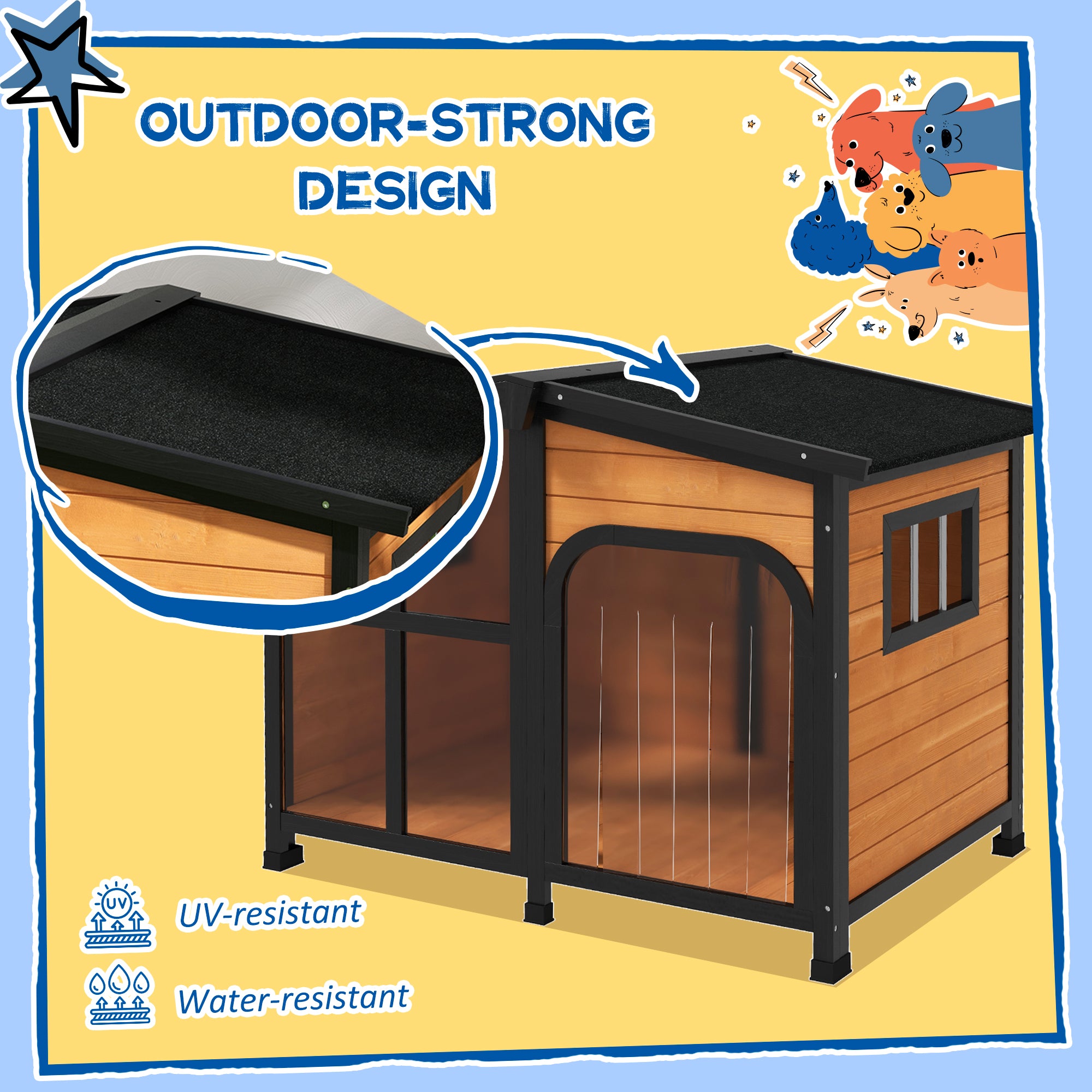 Cabin-Style Wooden Dog House for Large Dogs with Openable Roof & Giant Window, Yellow - Yellow - Image 7