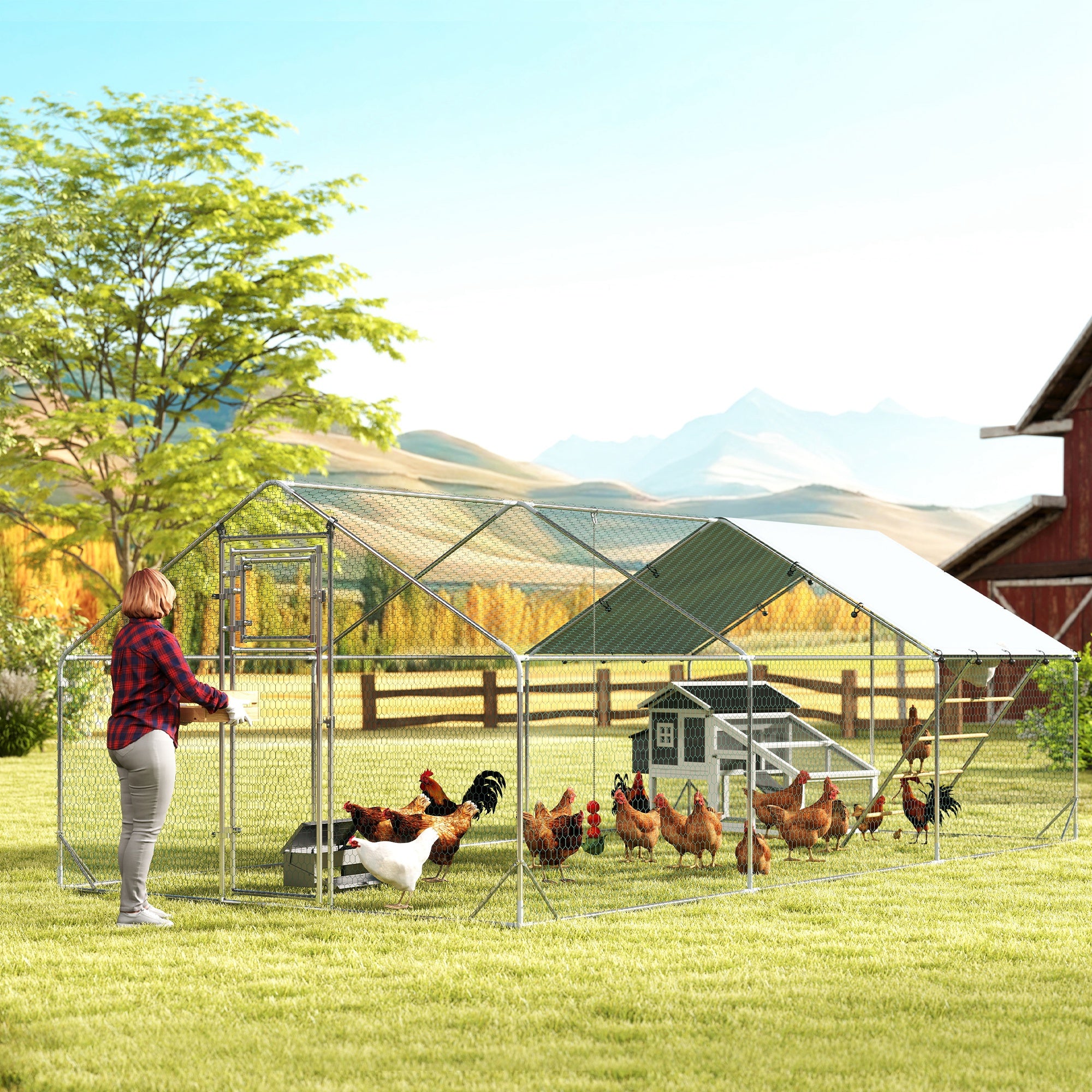 Metal Chicken Run w/ Waterproof & Anti-UV Cover, Feeding Door, Hanging Feeder, for 18-24 Chickens, 9.8' x 19.7' x 6.4' - Silver - Image 2