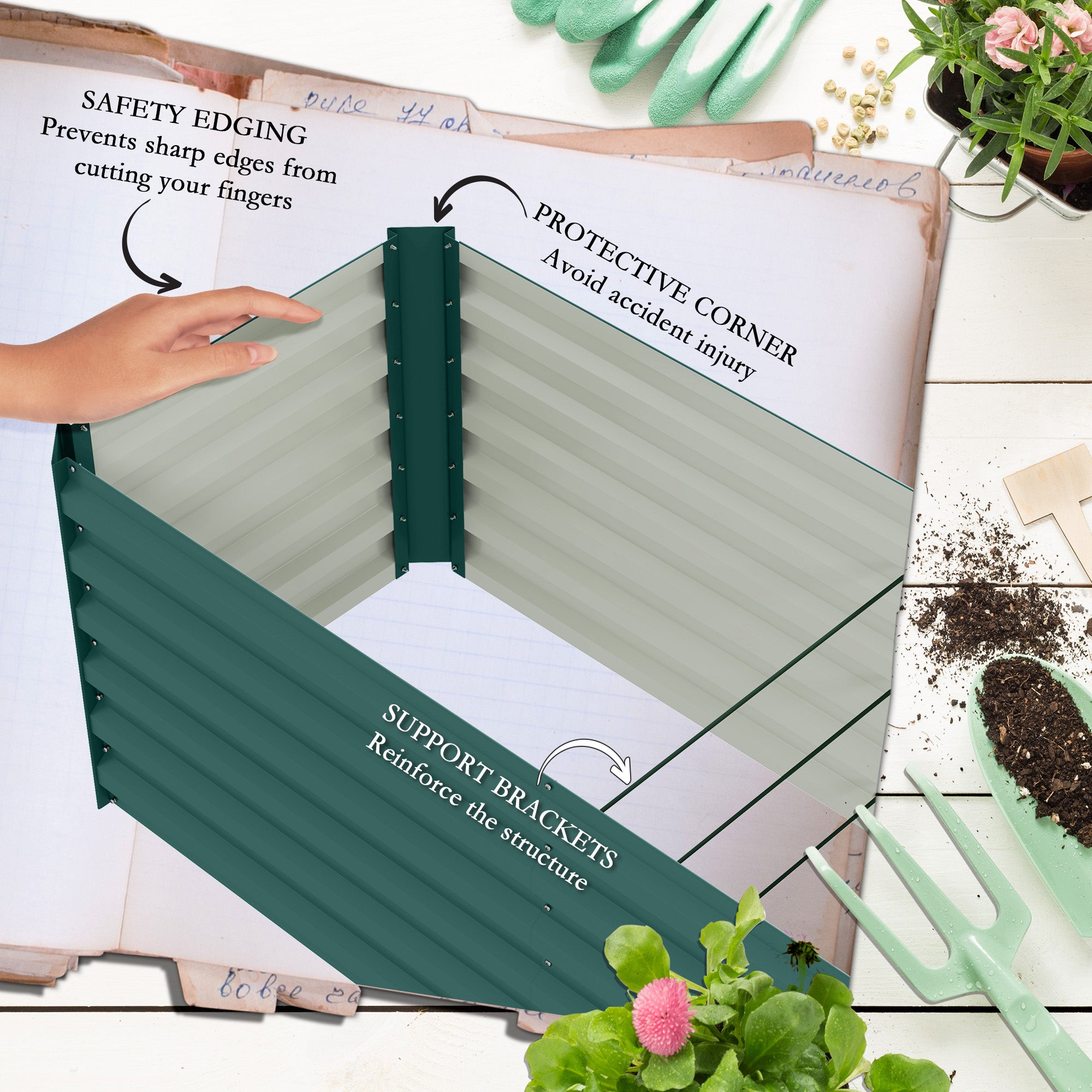 8x2x2ft Galvanized Raised Garden Bed Kit with Safety Edging for Flowers, Herbs and Vegetables, Green - Green - Image 6