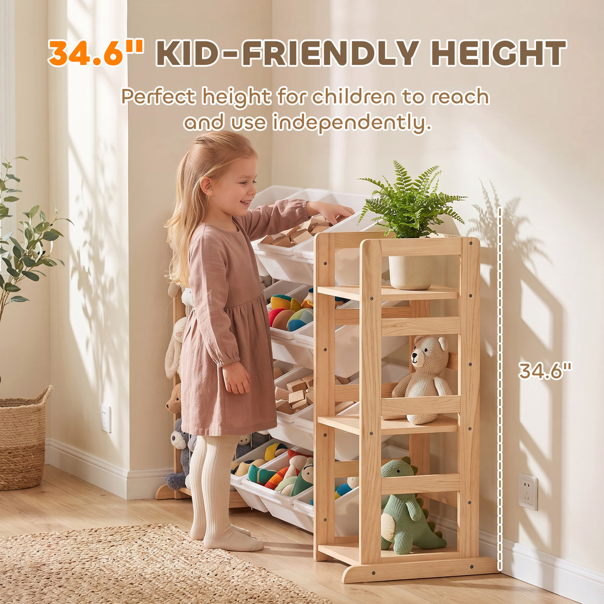 3-in-1 Wooden Toy Storage Organizer with Stuffed Animal Storage, Bookshelf, 12 Bins for Bedroom, Playroom, Nursery
