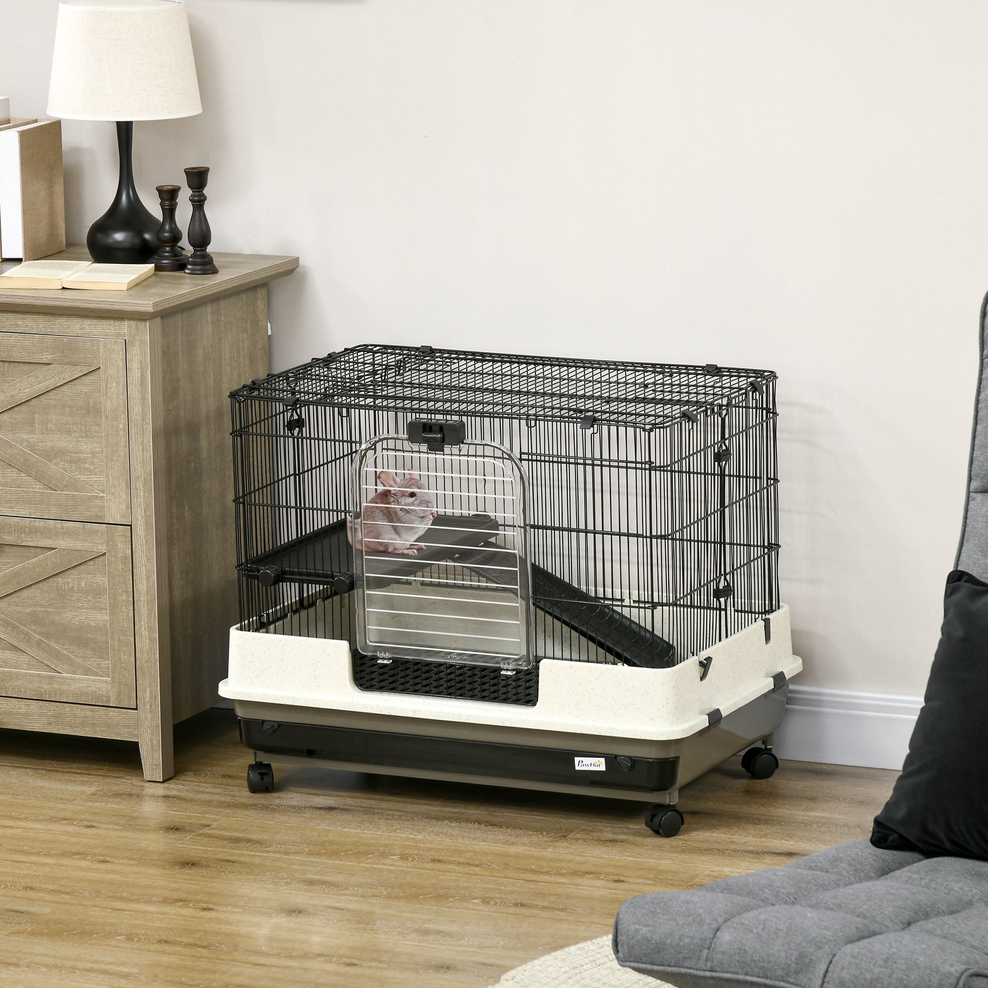 2-tier Compact Platform Rolling Small Animal Rabbit Cage for Hamsters, Chinchillas & Gerbils with a Large Living Space - Black and White - Image 8