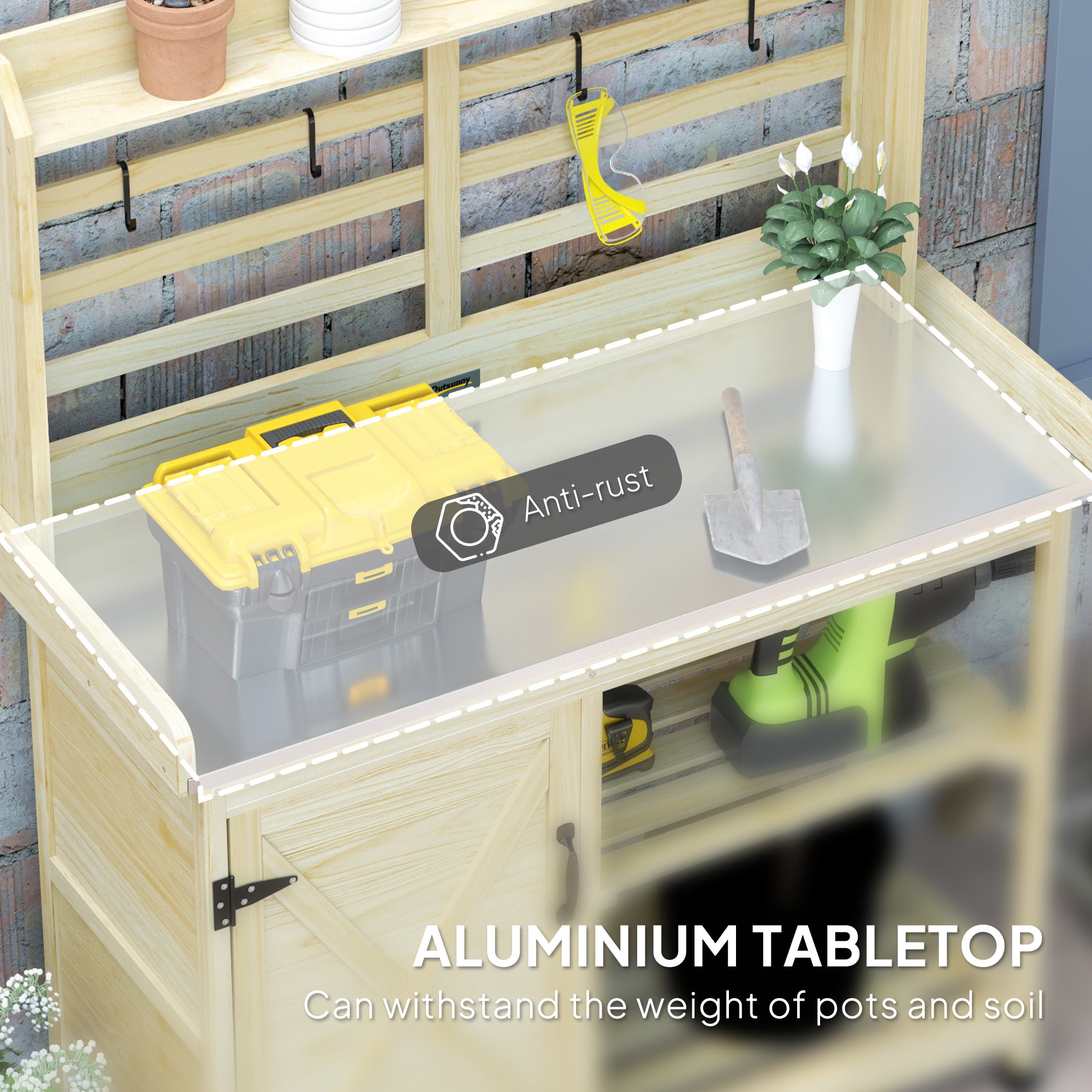 Wooden Potting Bench with Storage, Sink, Water Tap for Backyard, Patio, Balcony, Natural - Natural Wood - Image 4