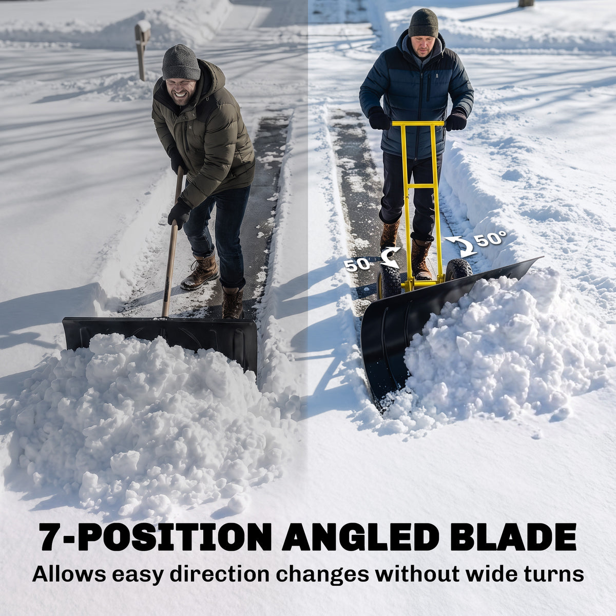 Snow Shovel with Wheels, 29" Metal Snow Pusher with Adjustable Handle, 7-Angle Blade, Wear Strip for Driveway, Yellow