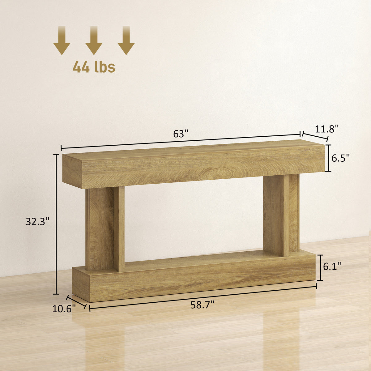 63 Inch Long Console Table, Vintage Narrow Entryway Table with Storage Shelf for Living Room and Hallway, Oak