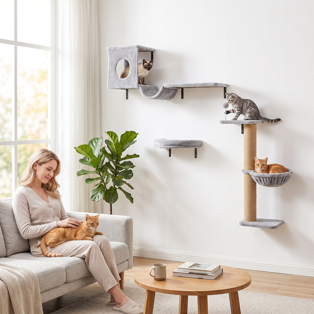 3-In-1 Cat Wall Shelves with Condo, Bed, Hammock, Scratching Post and Spring Ball, Gray