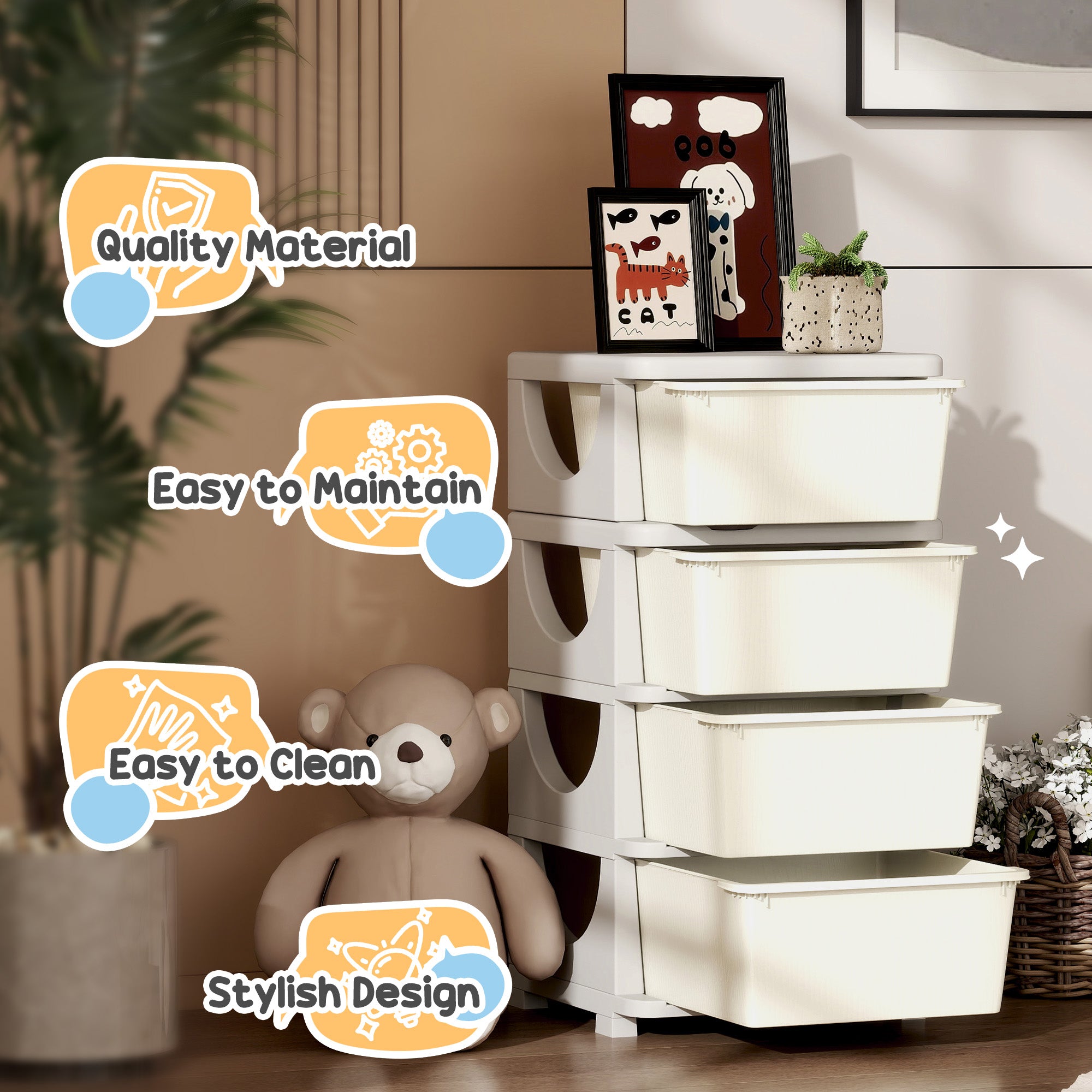 30" 4 Tier Kids Storage Unit Dresser Tower w/ 4 Drawers, Cream White