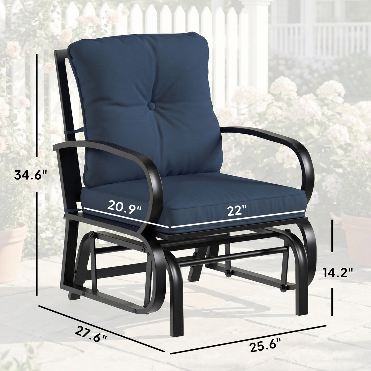Patio Glider, Outdoor Glider Chair with Cushions, Steel Frame, Curved Armrests, Dark Blue