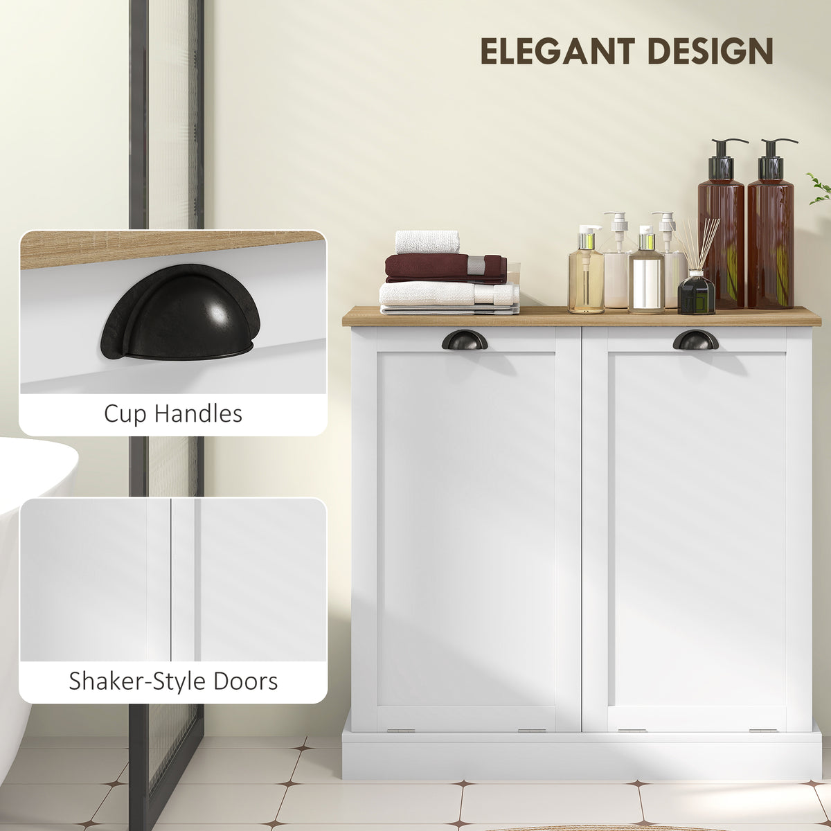 Dual Tilt out Laundry Hamper Cabinet with 2 Removable Basket, Modern Bathroom Storage Cabinet with Shaker Doors and Handles, White