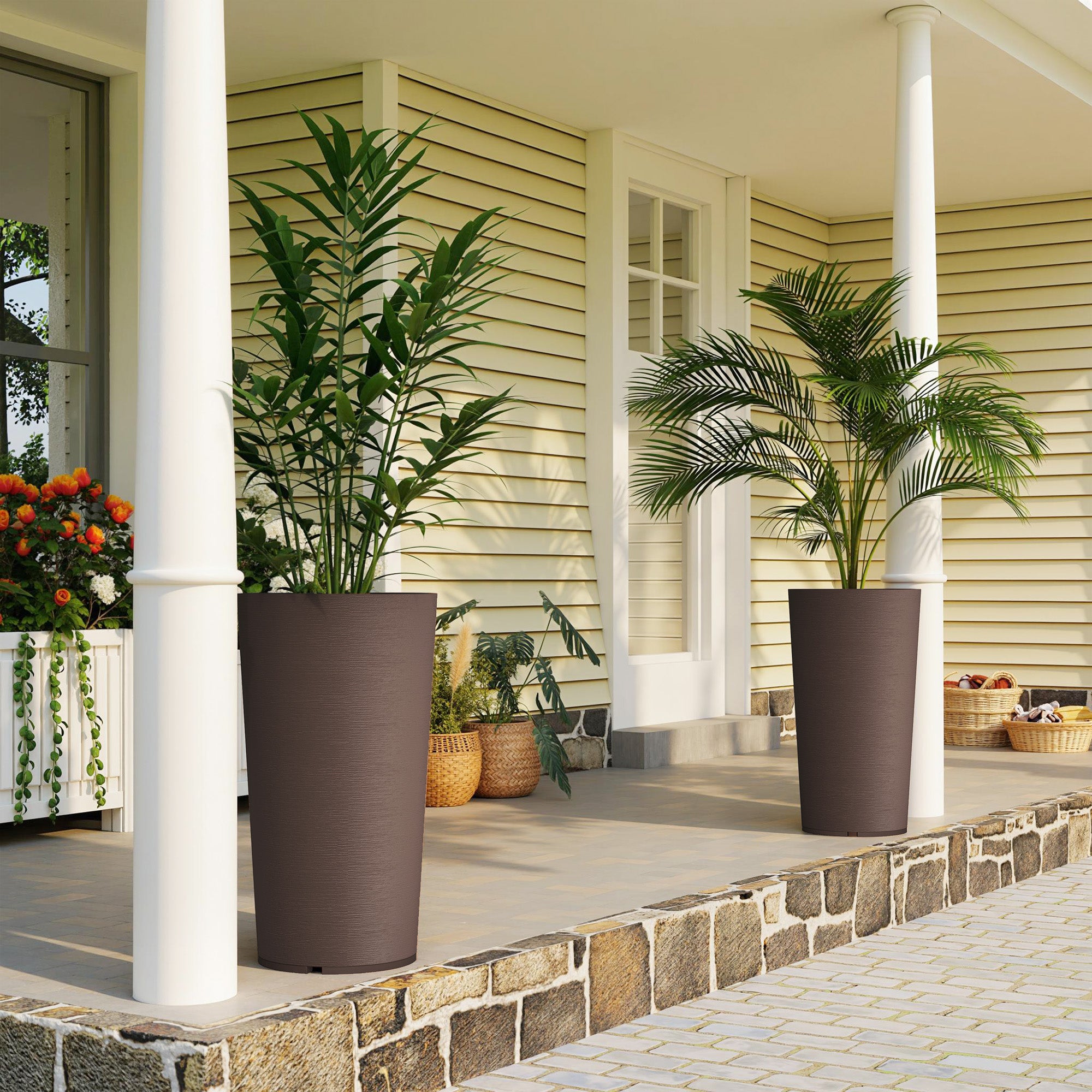 29 Inch Outdoor Planter, Set of 2 Plastic Flower Pots, Weather and UV Resistant Stackable Large Planters, Brown - Brown - Image 2