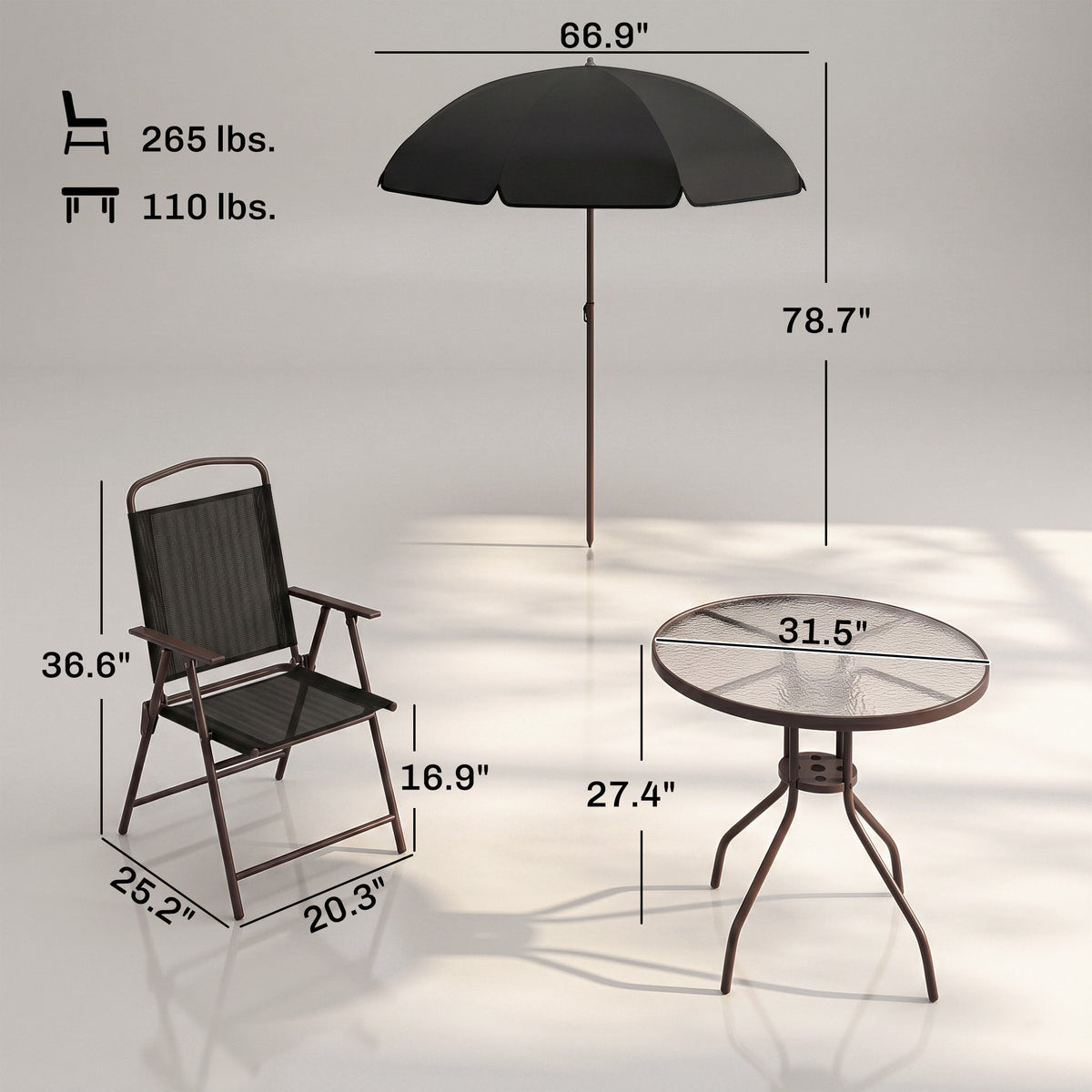6 Piece Patio Dining Set for 4 with Umbrella, Outdoor Table and Chairs with 4 Folding Dining Chairs & Round Glass Table for Garden, Backyard and Poolside, Black and Coffee