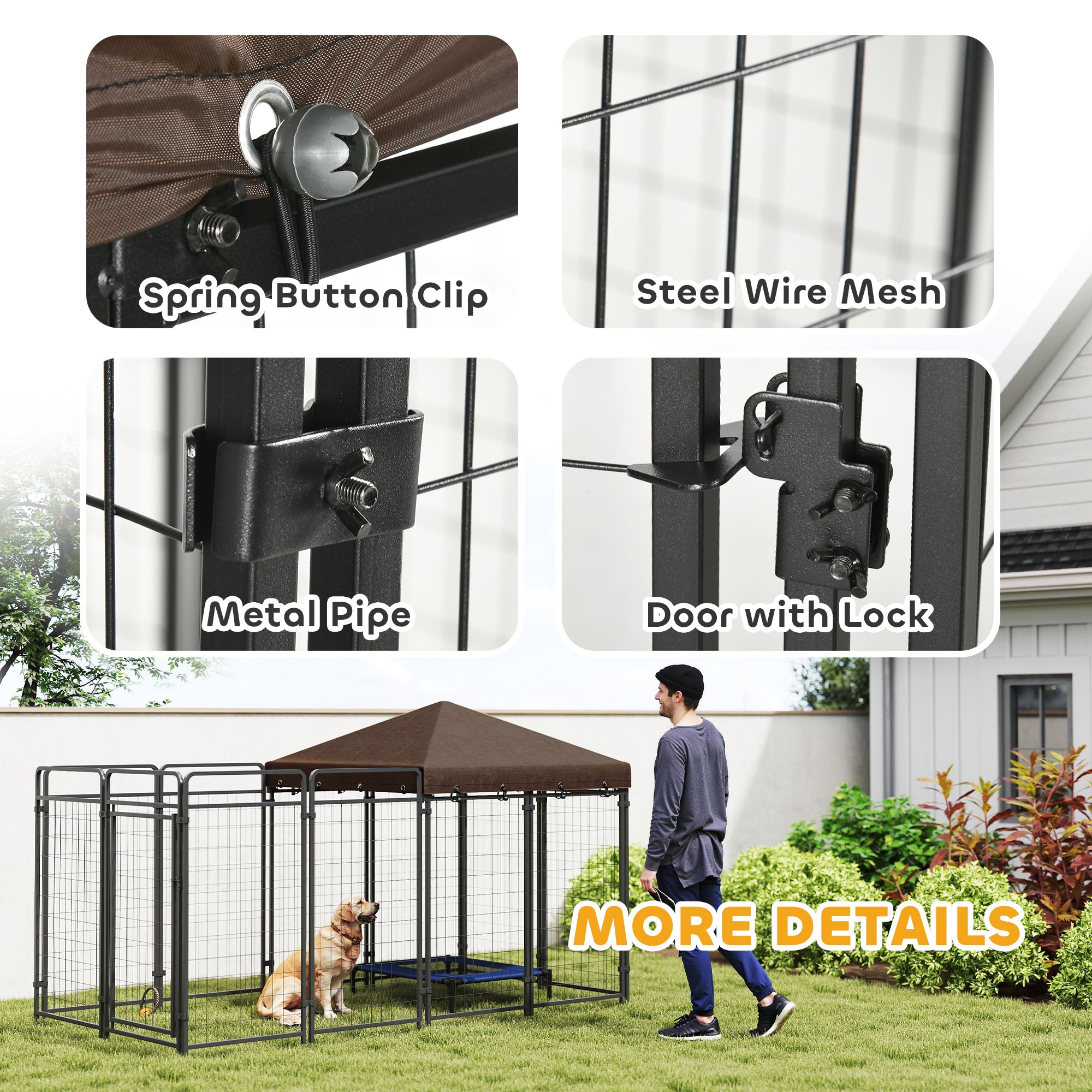 Dog Kennel Outdoor with Waterproof Canopy, Dog Run with Galvanized Chain Link, Secure Lock, for Backyard and Patio, Large and Medium Sized Breeds, Chickens, Ducks, 9.3' x 4.6' x 5.2' - Black - Image 7
