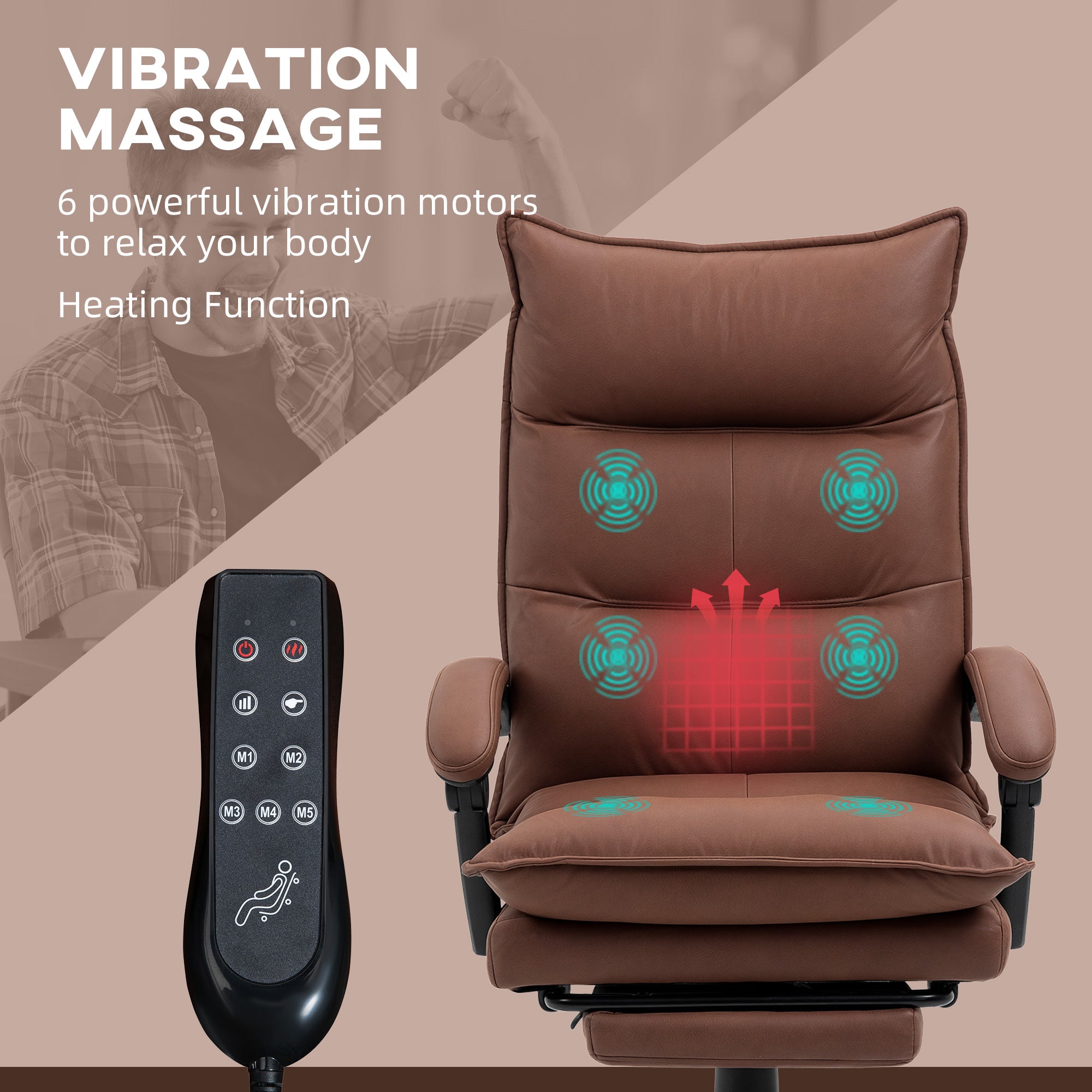Executive Massage Office Chair with 6 Vibration Points, Microfiber Computer Desk Chair, Heated Reclining Chair with Footrest, Armrest, Double Padding, Brown