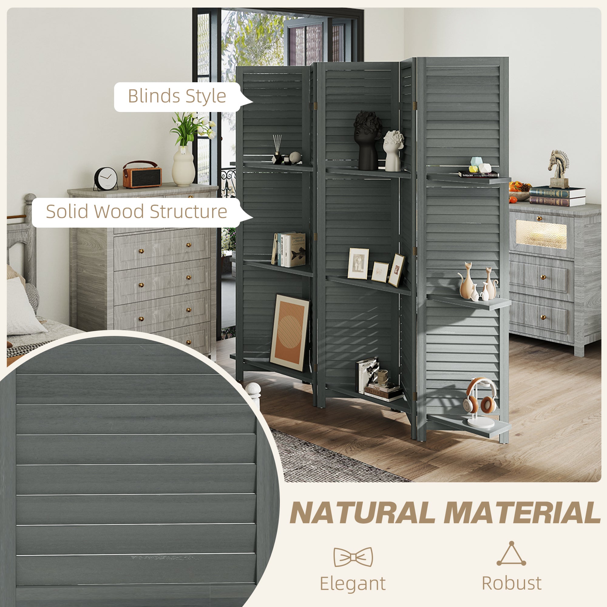 5 Panel 67" Tall Wood Privacy Screen Room Divider with 3 Shelves and Folding Storage for Bedroom, Gray
