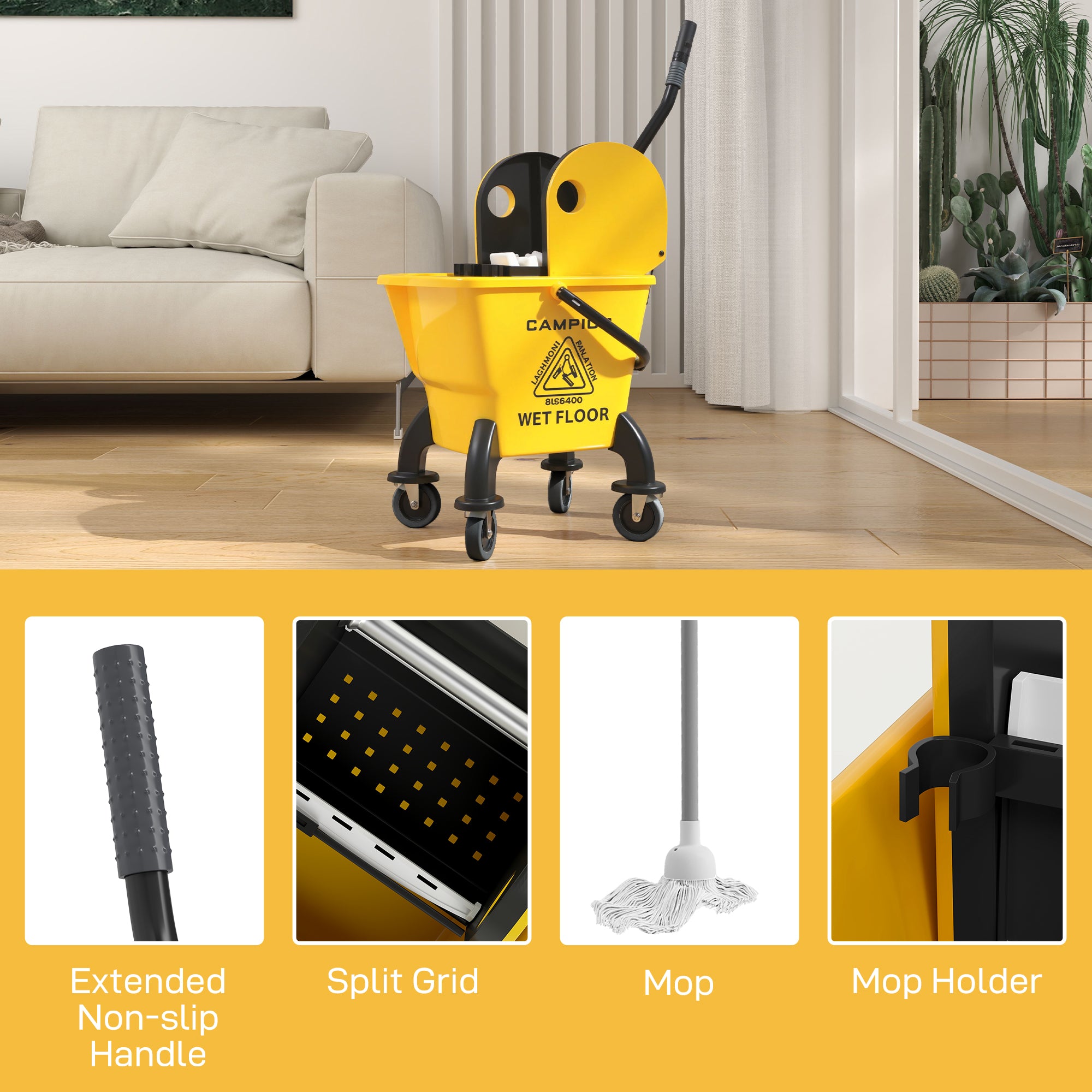 Mop Bucket with Wringer on Wheels for Floor Cleaning, 27.5 Quart Down Press Wringer with Handle and Mop, Yellow