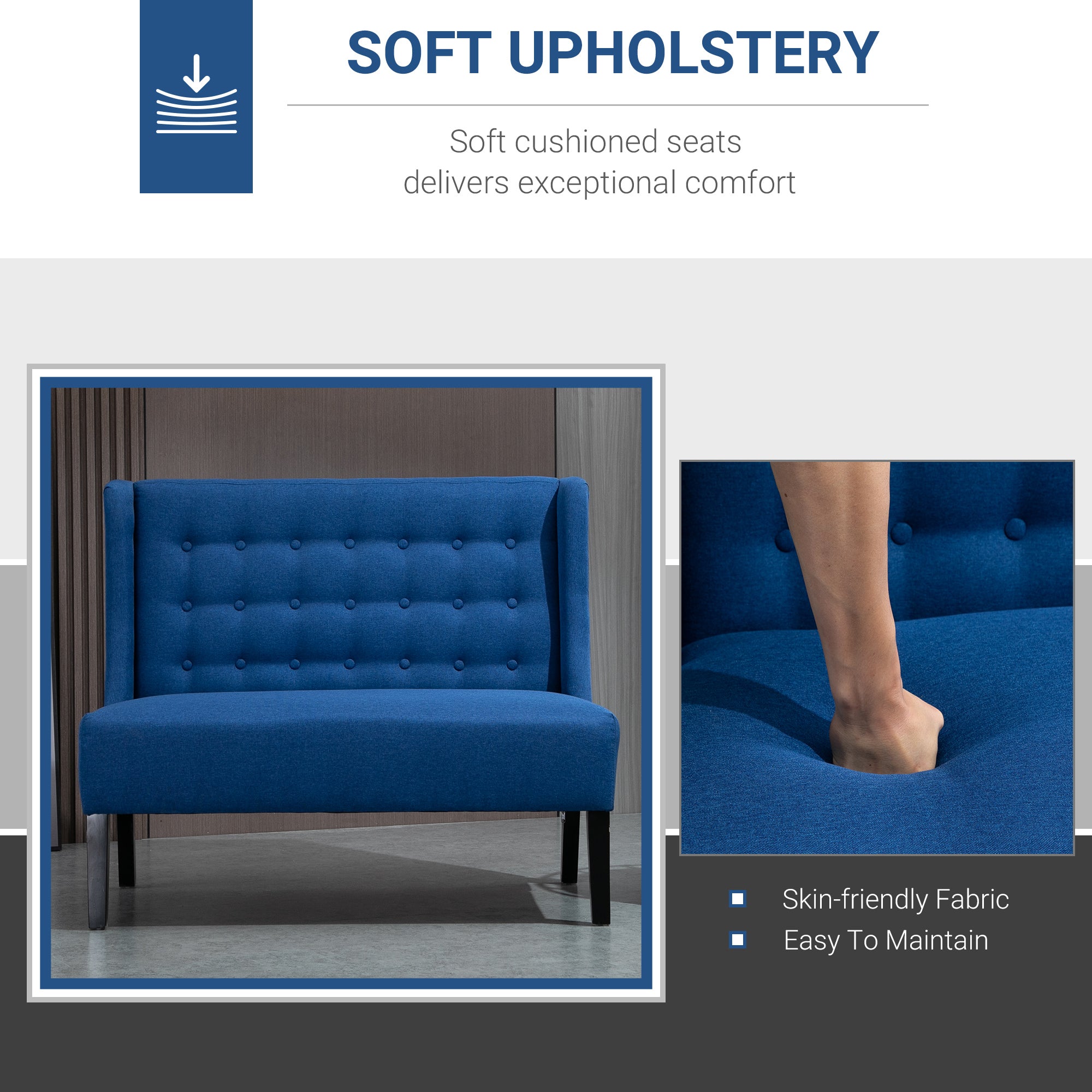 Armless Couch Wingback Double Sofa Linen Fabric Upholstery Button Tufted Loveseat Modern Living Room Settee, Blue