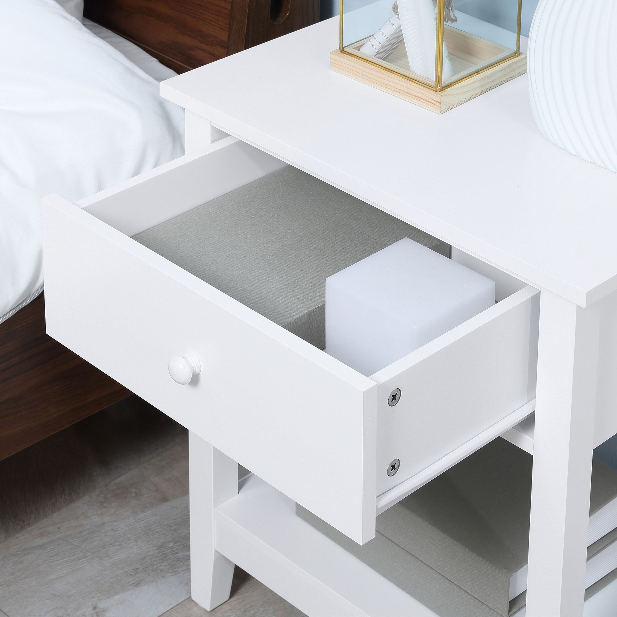 Modern Side Table for Living Room, End Table, 2-tier Side Table with Drawer and Storage Shelf, White