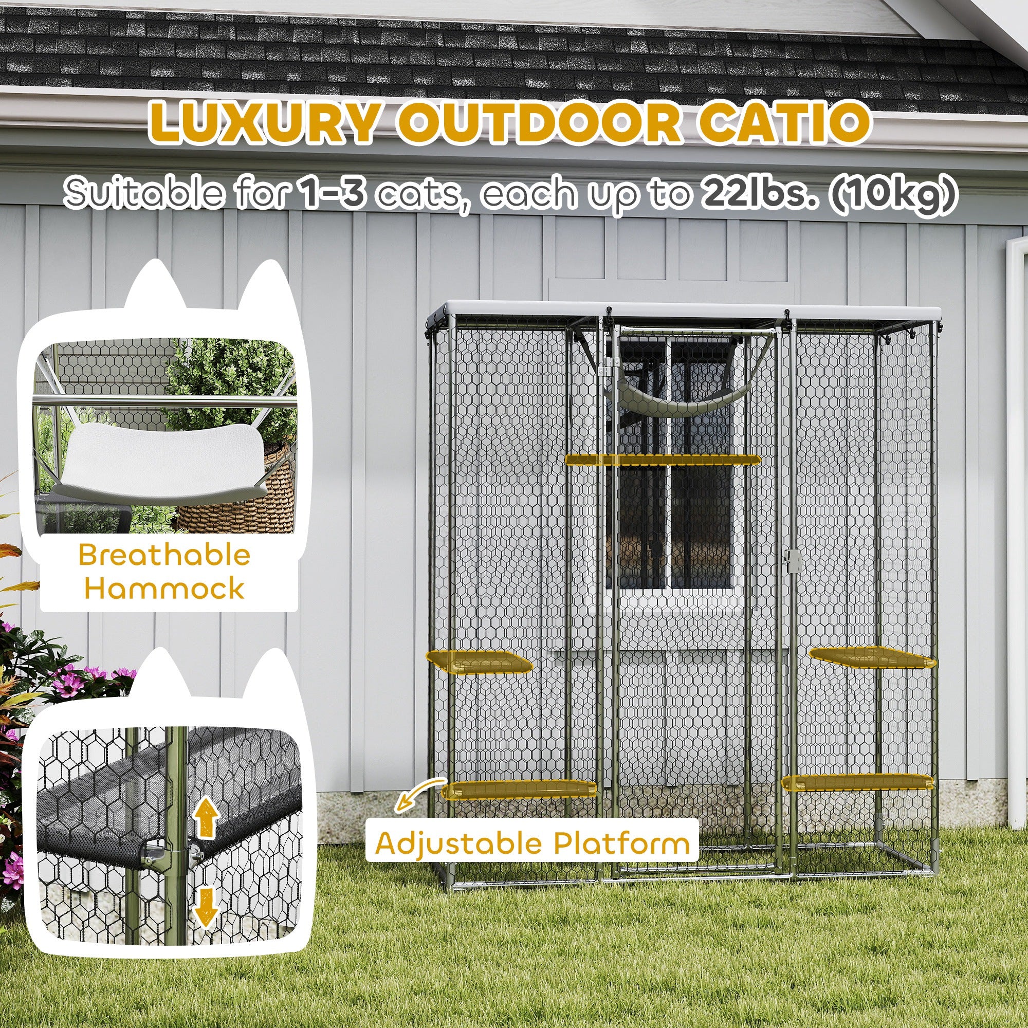 Catio Outdoor Cat Enclosure, Galvanized Steel Walk-in Cat Cage with Waterproof Cover, 5 Adjustable Platforms, Hammock - Silver - Image 4