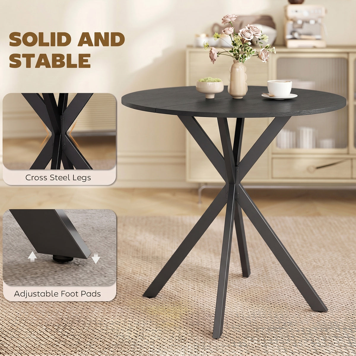 31.5" Small Round Dining Table for 2, Industrial Kitchen Table with Cross Steel Legs for Dining Room, Distressed Black