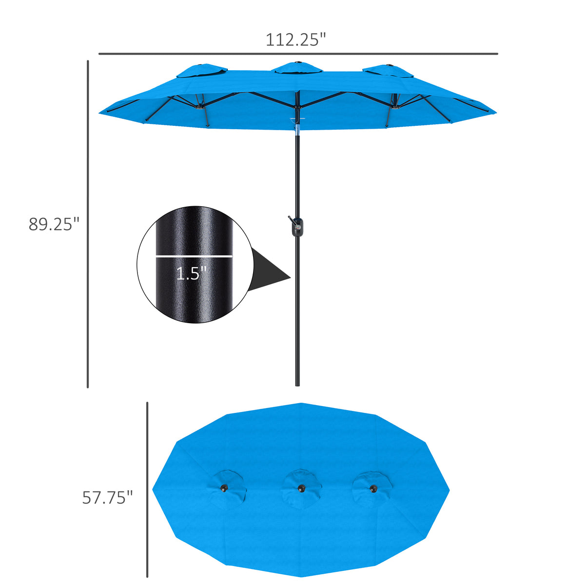 Double-sided Patio Umbrella, 9.5' Outdoor Umbrella with Push Button Tilt and Crank, 3 Air Vents and 12 Ribs, Cyan Blue