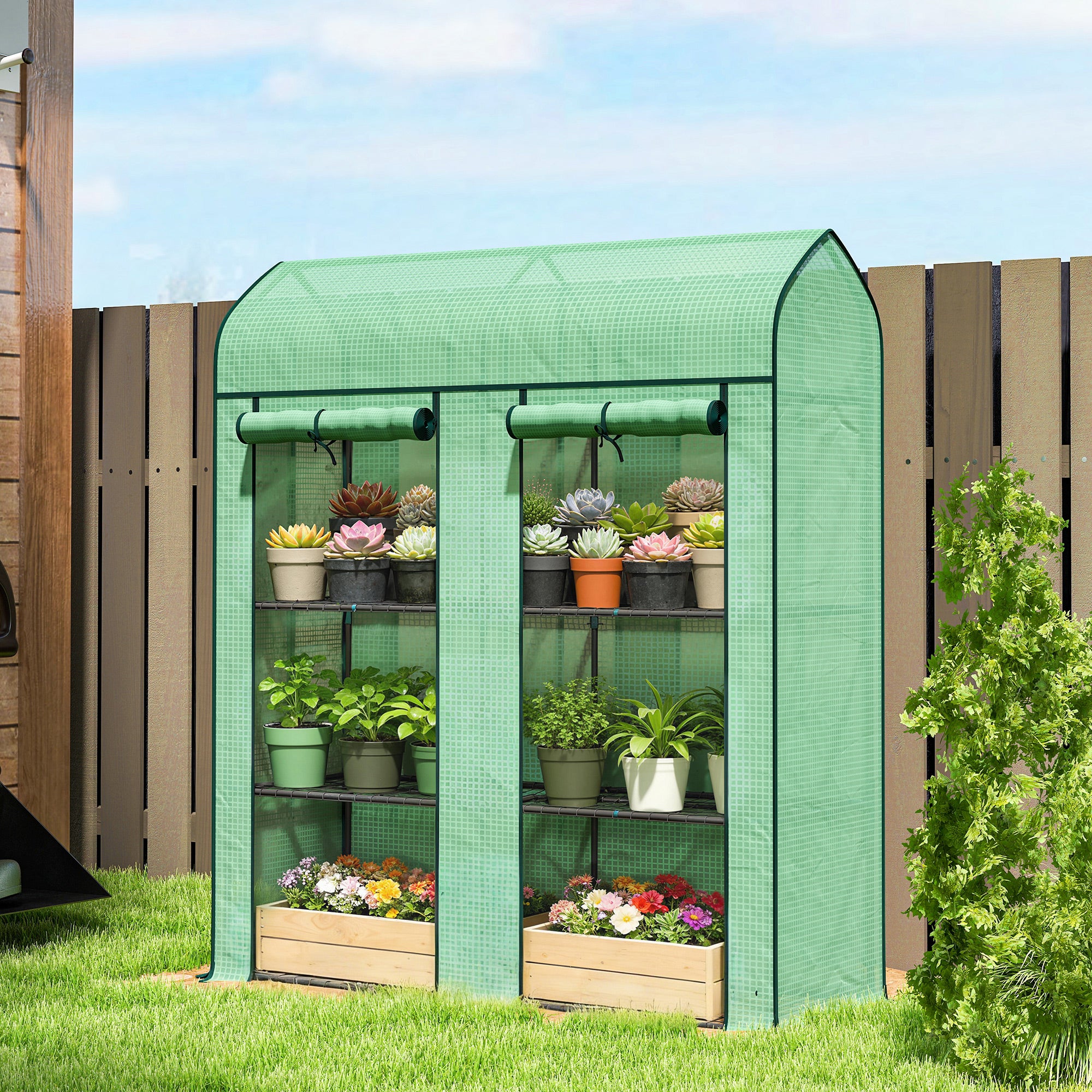 3 Tier Mini Greenhouse, Small Portable Greenhouse with 2 Roll-up Doors, 56.3" x 18.1" x 65", Green - Green - Image 2