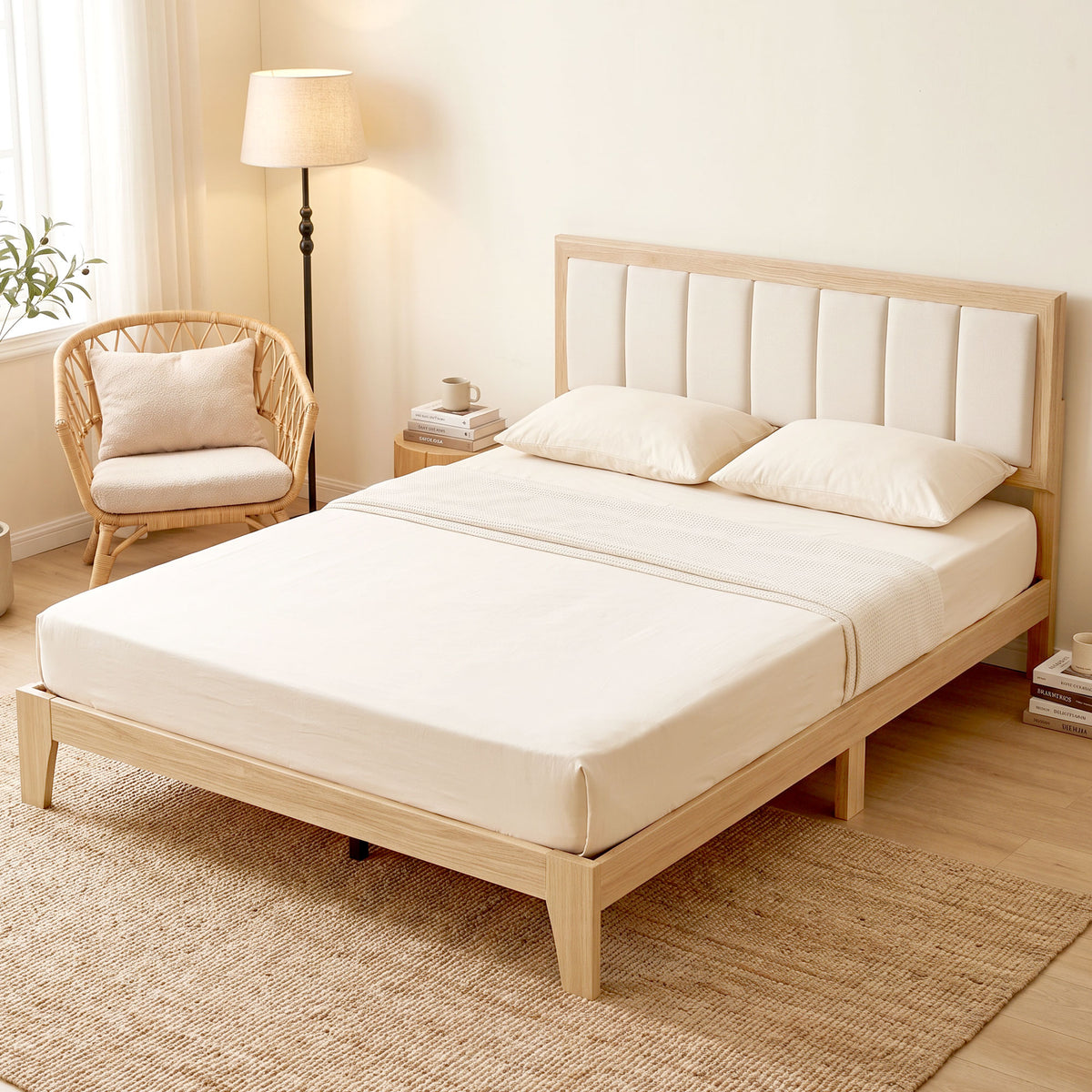 Full Bed Frame with Headboard Queen Size Platform Bed Frame with Wooden Slats No Box Spring Needed Easy Assembly Oak